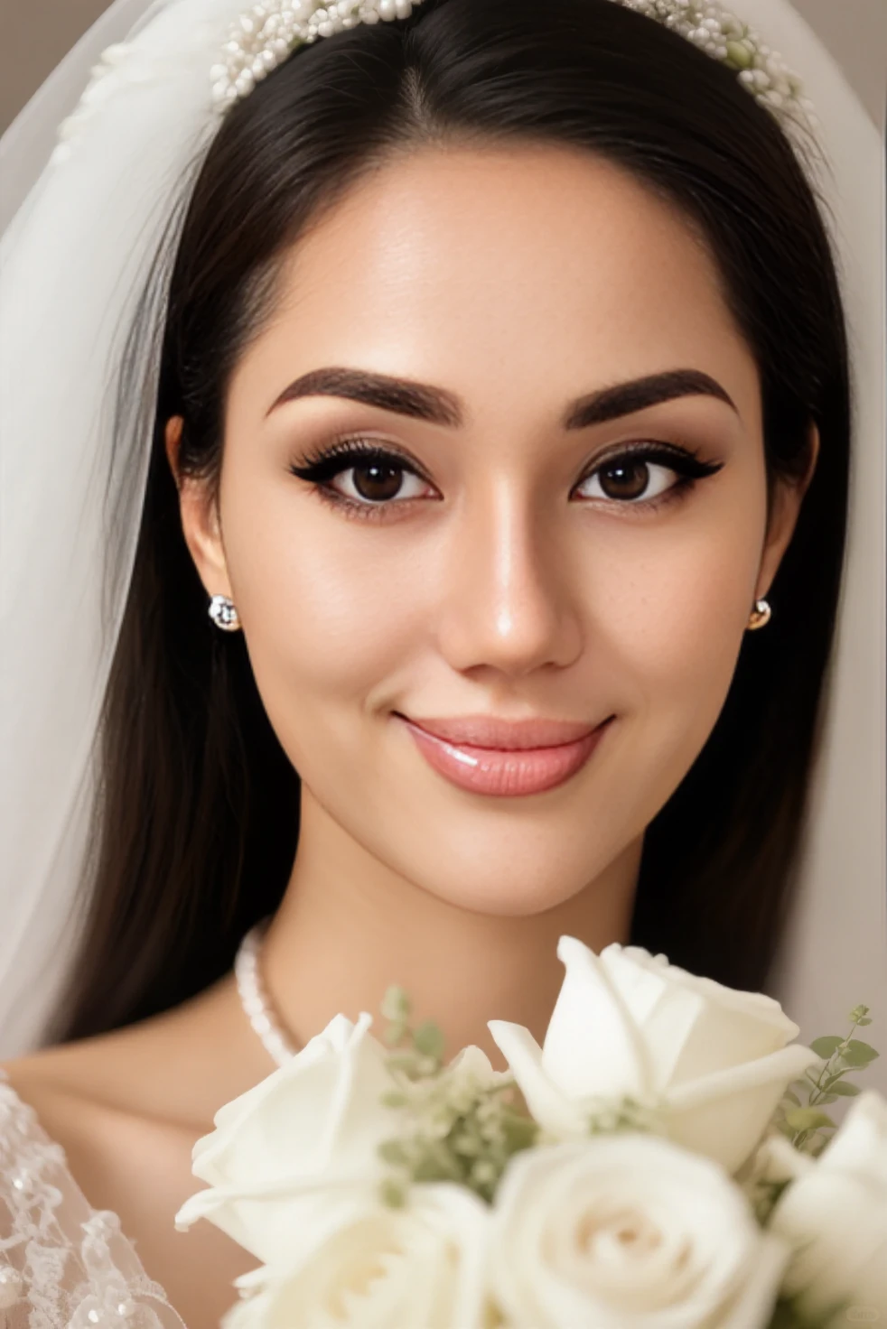 brunette girl with perfect hand on her face wearing white dress discreet smile and looking to the side