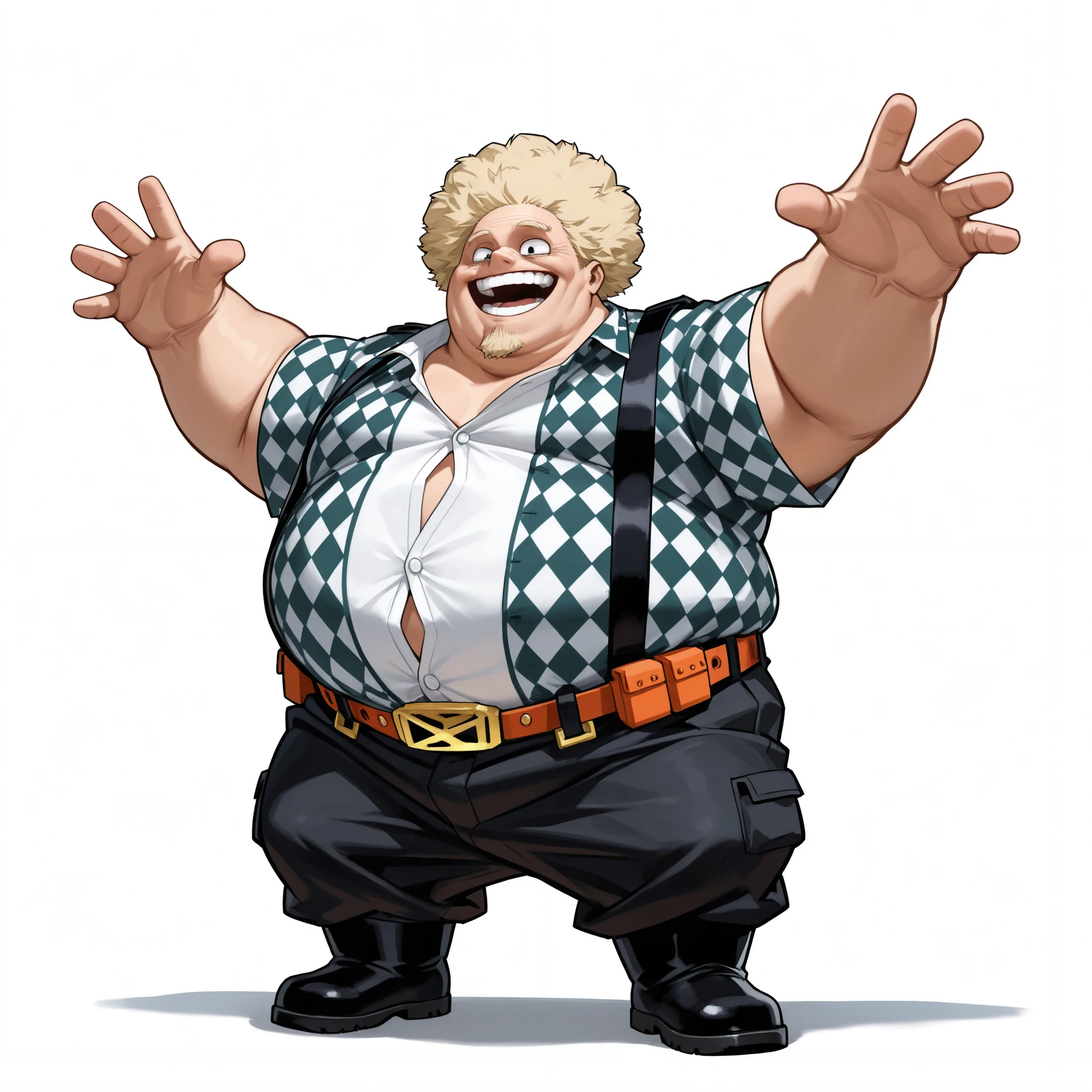 (male), (old man), (short legs), (large arm), (large hand), (small head), (afro hairstyle), (spiky hairstyle), (blonde hair), (black eyes), (goatee), (very fat body), (Giant character), (Giant body), (happy pose), (happy face), (open mouth), (solo), (single character), (full body version), (white background), (no background), (highly detailed), (shadow), (standing pose), (natural light), (detailed outfit), (detailed hand), (detailed face), (detailed hair)  
Wearing a city bandit outfit, checkered shirt partly unbuttoned, rough dark trousers, simple belt, and worn-out boots. His giant fat body with small head and afro spiky hairstyle adds an unusual edge, while his wide happy open-mouth laugh makes him appear as a playful but dangerous city bandit. (Boku no Hero academia style art)