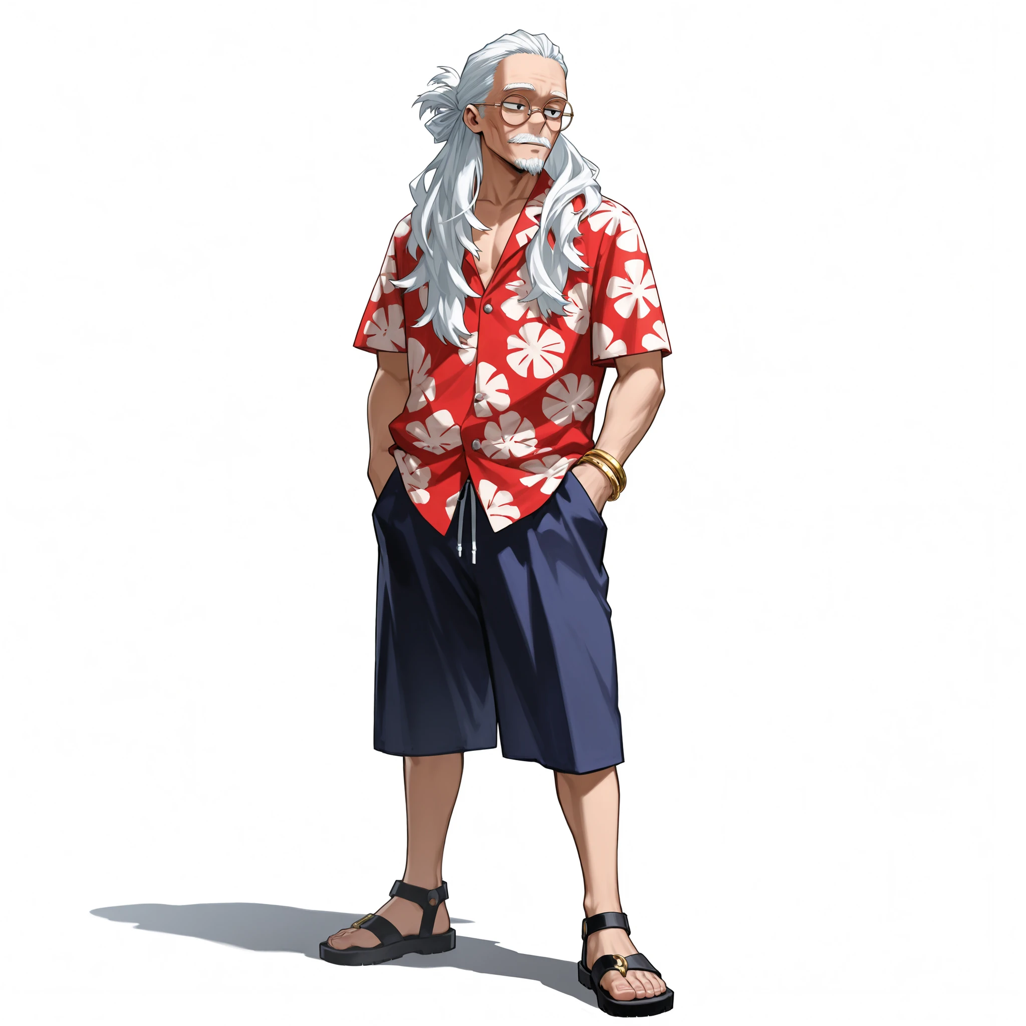 (male), (old man), (slim body), (white hair), (long hairstyle), (black eyes), (round glasses), (short goatee), (gold rings on fingers), (solo), (single character), (full body version), (white background), (no background), (highly detailed), (shadow), (standing pose), (natural light), (detailed outfit), (detailed hand), (detailed face), (detailed hair) , hand in pocket,
Wearing a colorful floral-patterned open Hawaiian shirt with a relaxed fit, navy blue shorts, and black sandals, exuding a stylish and confident elder look without belt. (Boku no Hero academia style art)