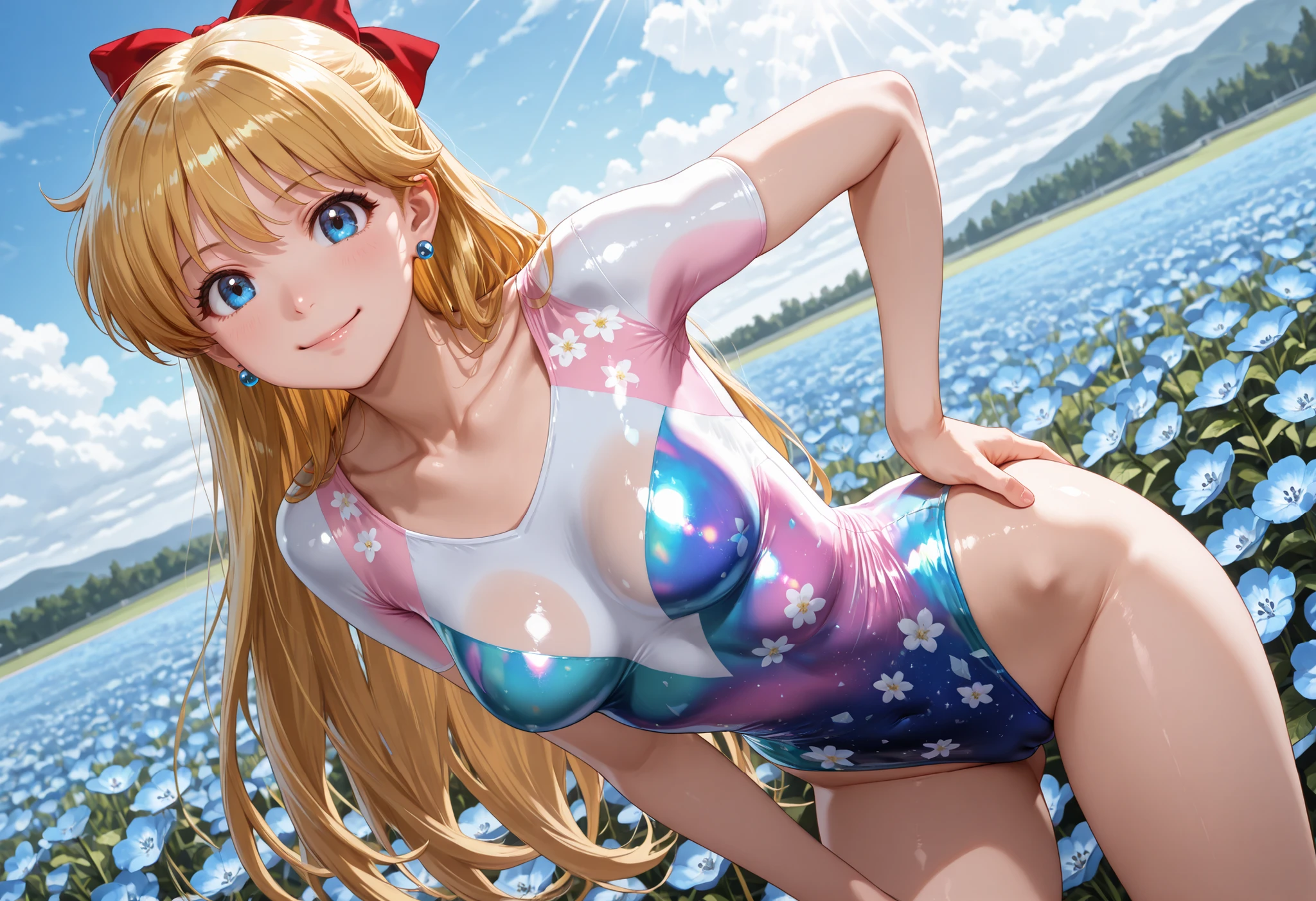 1girl, solo, looking at viewer, blurry background, cowboy shot, small , ((aino minako,solo,blonde hair,long hair,blue eyes,medium breasts,earrings, Smaller , )),(gymnastics leotard, Floral patterns leotard, with glittery decoration,high_leg leotard,athletic leotard,tight-fit leotard,iridescent gradient leotard),(cameltoe:1.see-through)), Gymnastics leotard, Floral print leotard,short sleeve leotard with glittery embellishments,expensive_ leg leotard ,athletic leotard,tight-fitting leotard,Rainbow gradient leotard, :1.1, , smile, solo, dutch angle, looking at viewer, cowboy shot, looking at viewer, hand on own hips,Outdoors, depth of filed, Light on Face, Portrait, Sunlight, skyporn, (field of Nemophila flowers) outdoors, (Nemophila:1.2) (realistic blue flower:1.1), (blue flower field look like sea), horizon, noon, detailed background
