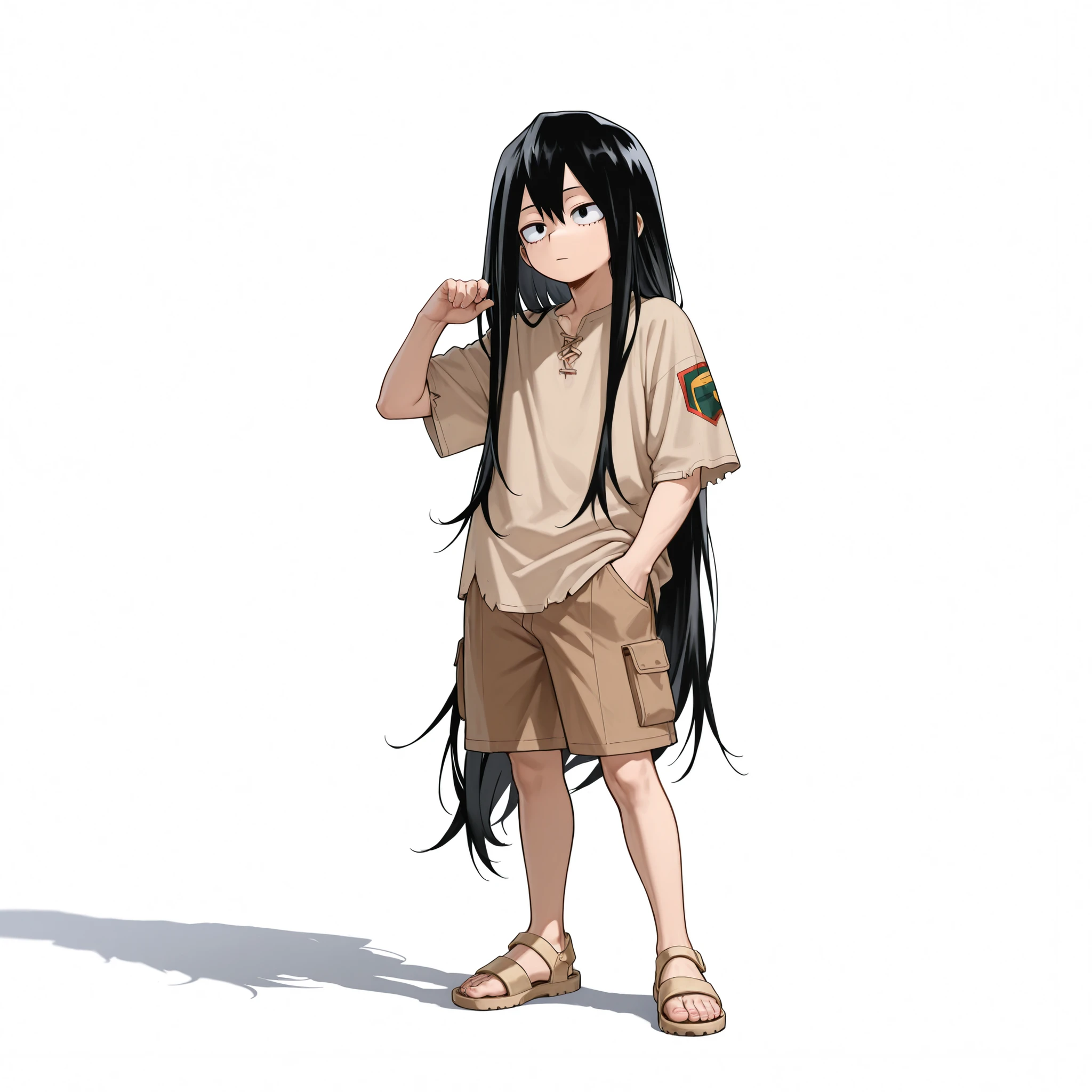 (male), (child boy), (slim body), (black hair), (very long hairstyle), (black eyes), (solo), (single character), (full body version), (white background), (no background), (highly detailed), (shadow), (standing pose), (natural light), (detailed outfit), (detailed hand), (detailed face), (detailed hair)
Wearing a worn-out short-sleeved beige shirt with torn edges, loose brown shorts with patches, sandals, cool pose, hand in pocket, (Boku no Hero academia style art)