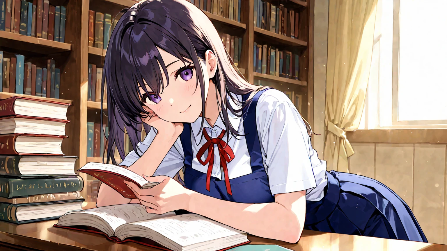 anime girl sitting on a desk in a library with books, Surrealism female students, Surrealism female students, Realistic schoolgirl, photorealistic anime girl rendering, Smooth anime CG art, Beautiful Anime High School Girls,  anime girls, Photorealistic anime, Anime. Soft lighting, beautiful anime girl crouching, 3 d anime realistic, thighhighs and skirt