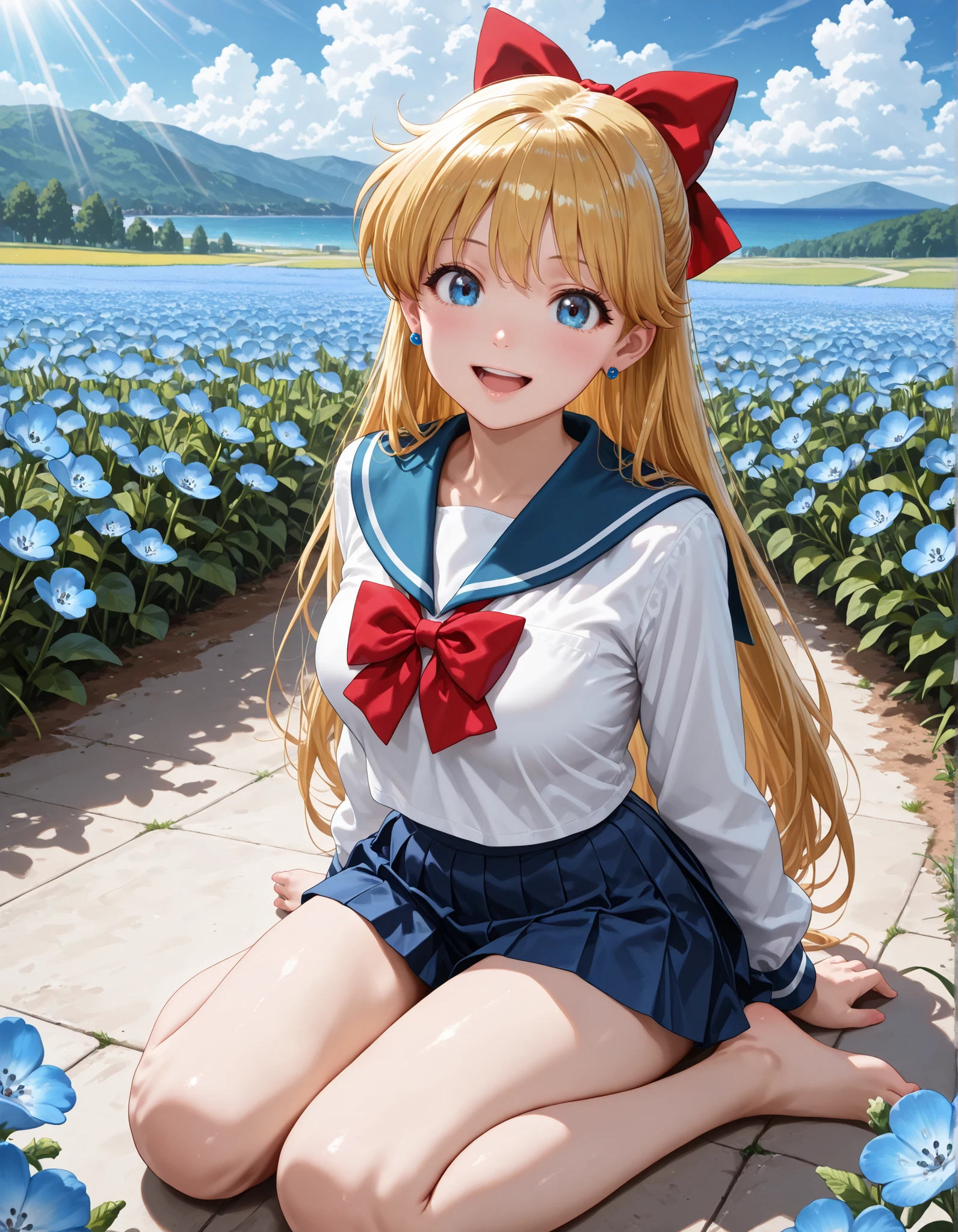 (1girl, solo:1.3), looking at viewer, masterpiece,best quality,amazing quality, ((aino minako,solo,blonde hair,long hair,blue eyes,medium breasts,earrings,school uniform,blue skirt,hair bow,white shirt,blue sailor collar,serafuku,shirt,long sleeves,pleated skirt,red bowtie,bowtie)) ((mini skirt)),((thighs)), sitting, floor, wariza, 1girl ,solo, smile, open mouth, close to viewer, full body, front view,Outdoors, depth of filed, Light on Face, Portrait, Sunlight, skyporn, (field of Nemophila flowers) outdoors, (Nemophila:1.2) (realistic blue flower:1.1), (blue flower field look like sea), horizon, noon, detailed background