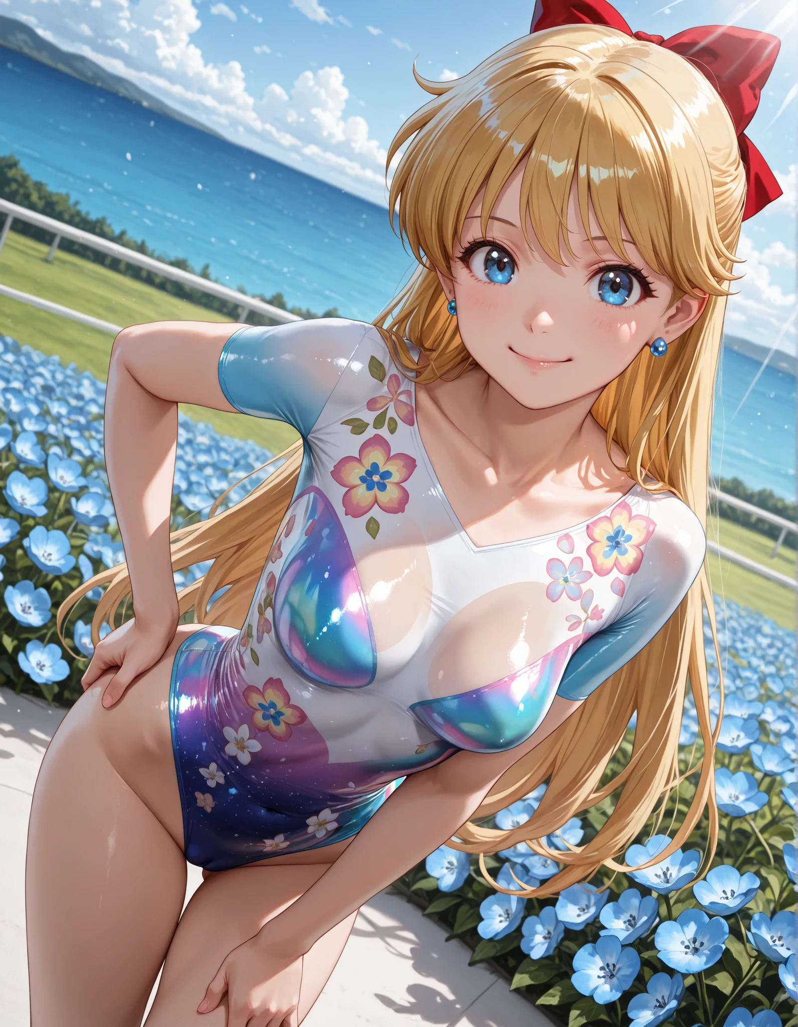 1girl, solo, looking at viewer, blurry background, cowboy shot, small , ((aino minako,solo,blonde hair,long hair,blue eyes,medium breasts,earrings, Smaller , )),(gymnastics leotard, Floral patterns leotard, with glittery decoration,high_leg leotard,athletic leotard,tight-fit leotard,iridescent gradient leotard),(cameltoe:1.see-through)), Gymnastics leotard, Floral print leotard,short sleeve leotard with glittery embellishments,expensive_ leg leotard ,athletic leotard,tight-fitting leotard,Rainbow gradient leotard, :1.1, , smile, solo, dutch angle, looking at viewer, cowboy shot, looking at viewer, hand on own hips,Outdoors, depth of filed, Light on Face, Portrait, Sunlight, skyporn, (field of Nemophila flowers) outdoors, (Nemophila:1.2) (realistic blue flower:1.1), (blue flower field look like sea), horizon, noon, detailed background