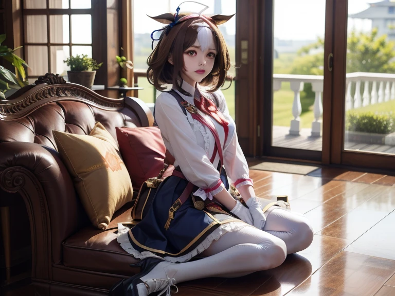 1girll, Solo, Long hair, Moyou, White background, full bodyesbian, standing, Black pantyhose,Look at the camera grimly，Long flowing white hair，Not a beautiful girl with a double ponytail