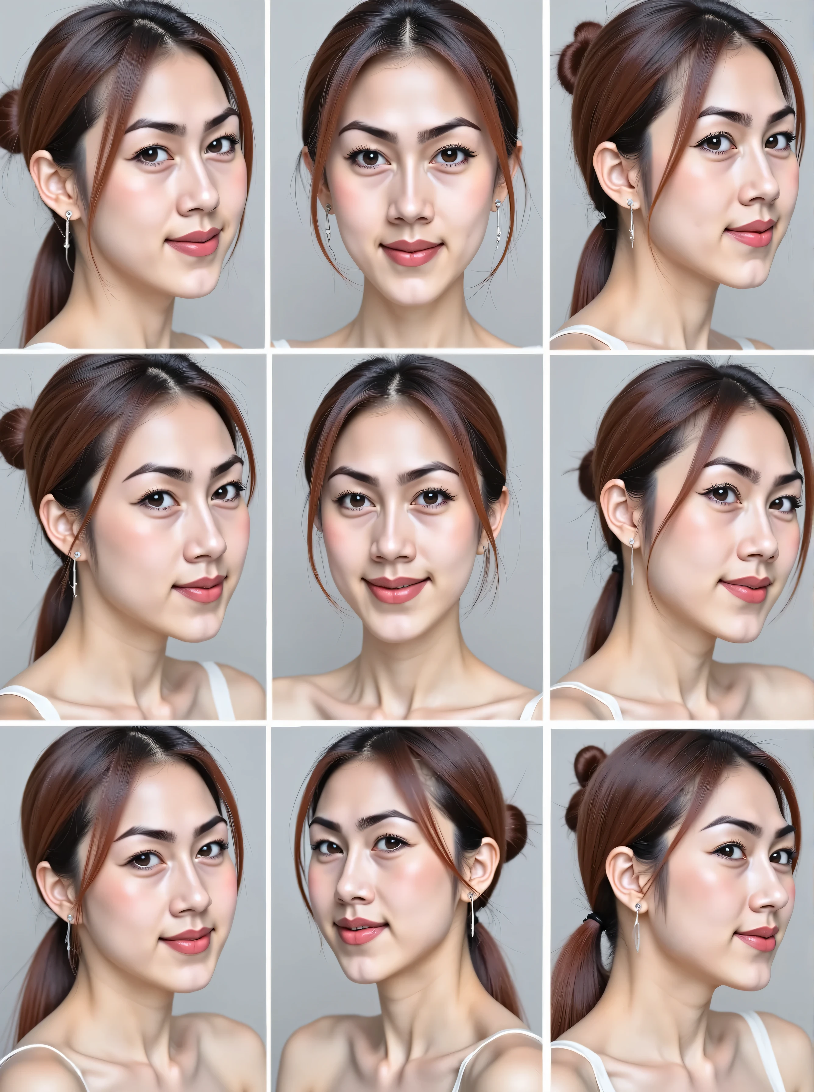 30-year-old, teen, beautiful asian woman, detailed face, griid of her face, random aside pose open mouth smile fun , Each frame features her face in various poses: some angled for a profile view, while others are straight-on frontal shots