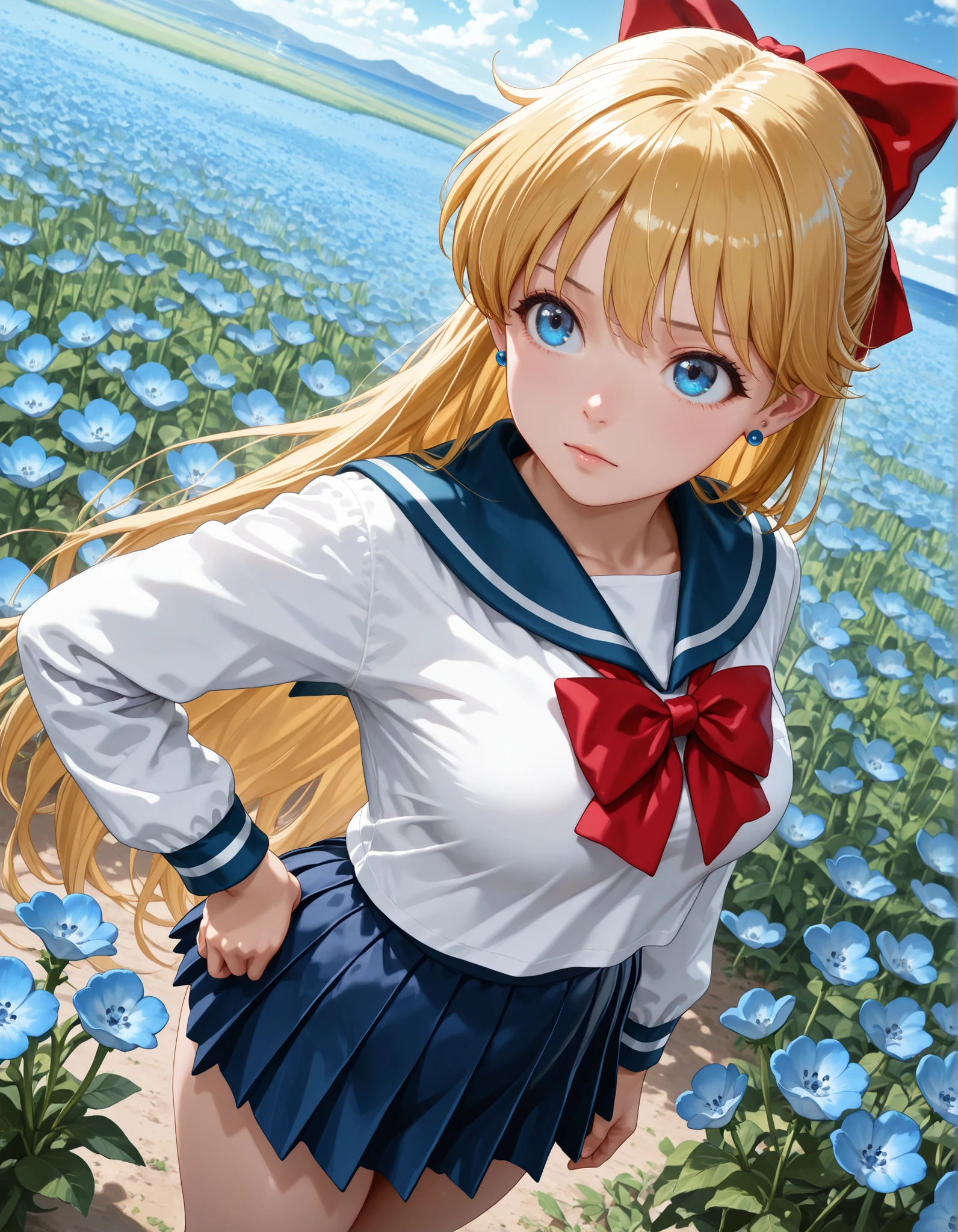 (((dutch angle))),(1girl, solo:1.3), masterpiece,best quality,amazing quality, ((aino minako,solo,blonde hair,long hair,blue eyes,medium breasts,earrings,school uniform,blue skirt,hair bow,white shirt,blue sailor collar,serafuku,shirt,long sleeves,pleated skirt,red bowtie,bowtie)) ((mini skirt)),((thighs)), looking up, from above, upper body, (hand on hip:1.2), (((dutch angle))), Outdoors, depth of filed, Light on Face, Portrait, Sunlight, skyporn, (field of Nemophila flowers) outdoors, (Nemophila:1.2) (realistic blue flower:1.1), (blue flower field look like sea), horizon, noon, detailed backgroun
