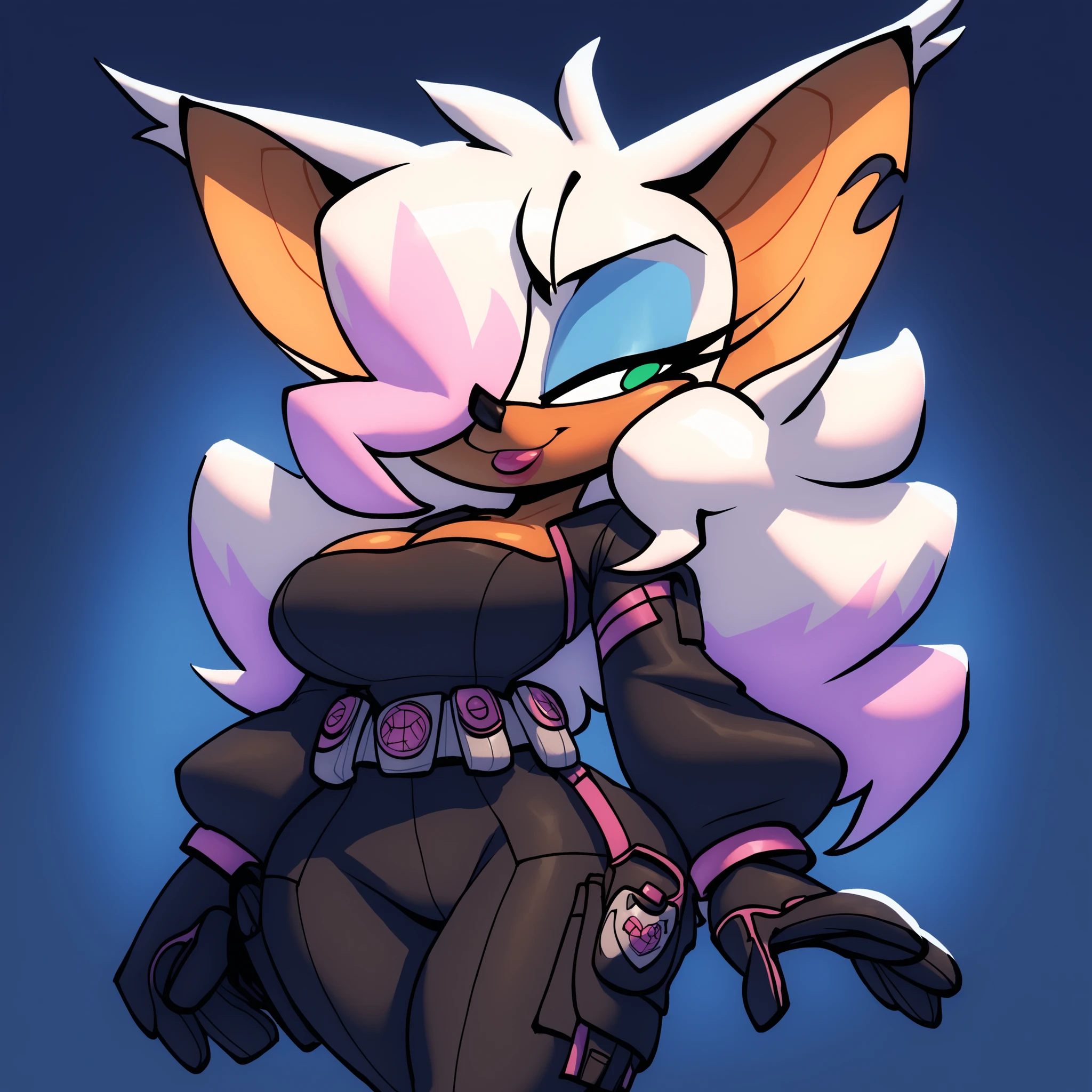 (Bigdad/character), Rouge the Bat, female, curly hair, long curly hair, (long hair), large hair bangs, wavy hair bangs, solo, indoors, medium breasts, soft fur, white fur, tactical belt, (furry), ((secret agency background)), indoors, hair bangs partially over one eye, emerald eyes, blue eyeshadow, makeup, bat wings, hyper dark skin, ((very dark skin)), ebony, black girl, very dark skinned girl, spy, futuristic spy outfit, glowing stripes on clothes, evnstnly, (Mobian),