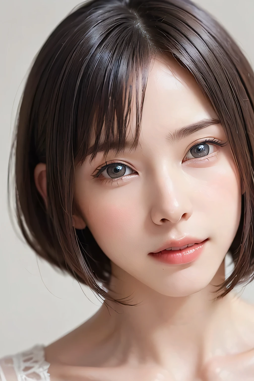 masterpiece, Highest quality, 8K, Absurd, (Upper Body:1.4), White camisole, Beautiful girls, Beautiful Face, Looking at the audience, Laughter, Surreal, High resolution, photograph, Film Grain, chromatic aberration, Sharp focus, High resolution, Face Light, Dynamic Lighting, Cinema Lighting, Professional Shadow, Simple Background, (White Background:1.4), The finest details, Very detailed, Super detailed, In detail, Real Skin, Delicate  features, Detailed face and eyes, Sharp pupils、Realistic student、bob cut、 