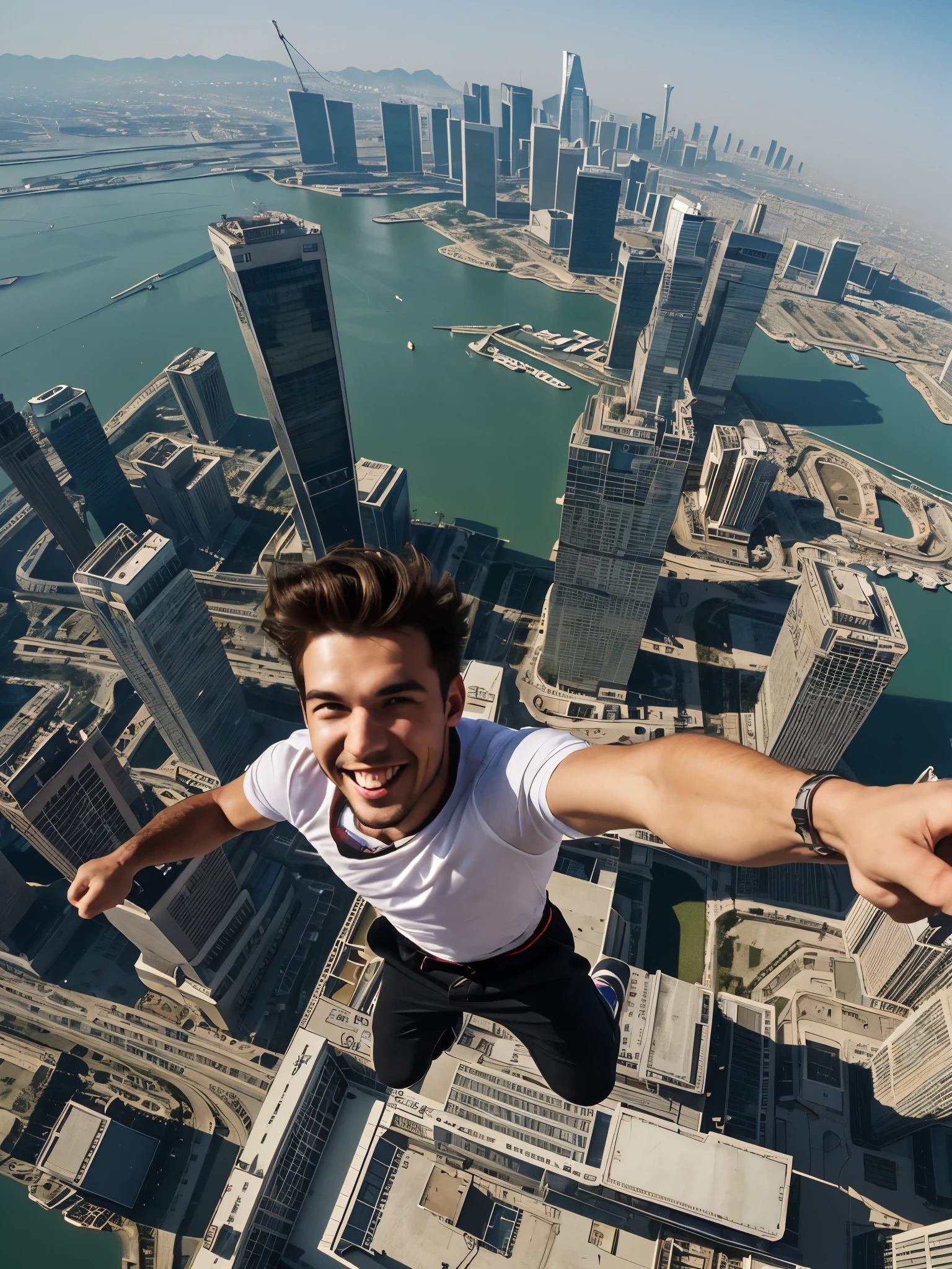 A man in his 20s is in the air trying to jump from the roof of a building with 100 floors above ground into the window of the 94th floor building next door The man is grinning and has a big smile 8K