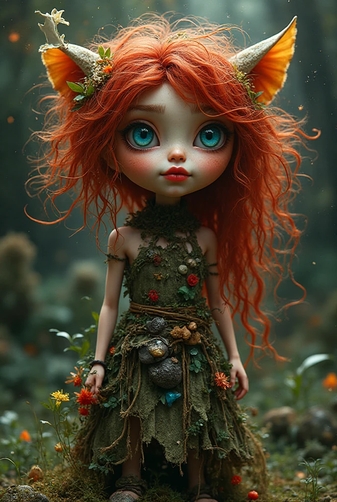 Magical creature from head to toe messy red hair full of leaves and star dust red lips big eyes very blue nymph ears neck of stones mysterious stones made of leaves flowers and mosses crown of shiny flowers belt with bags of magic crystals shoes lianas sandals and bell contagious laugh