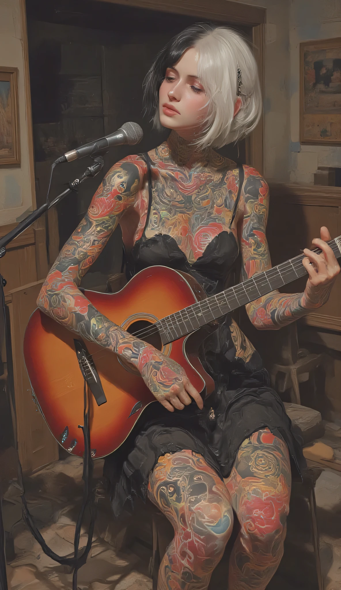 Anime style, traditional Japanese style full-sleeve tattoo, 1girl, seductive body, medium bust, slim face, short bob hair, twintail, half white half black hair, tattoos all over her body, tattoo on her neck, tattoo on her arms and legs, she is singing in an acoustic show, sitting with her legs crossed, playing the guitar, transmitting in her voice the vibe that the music passes