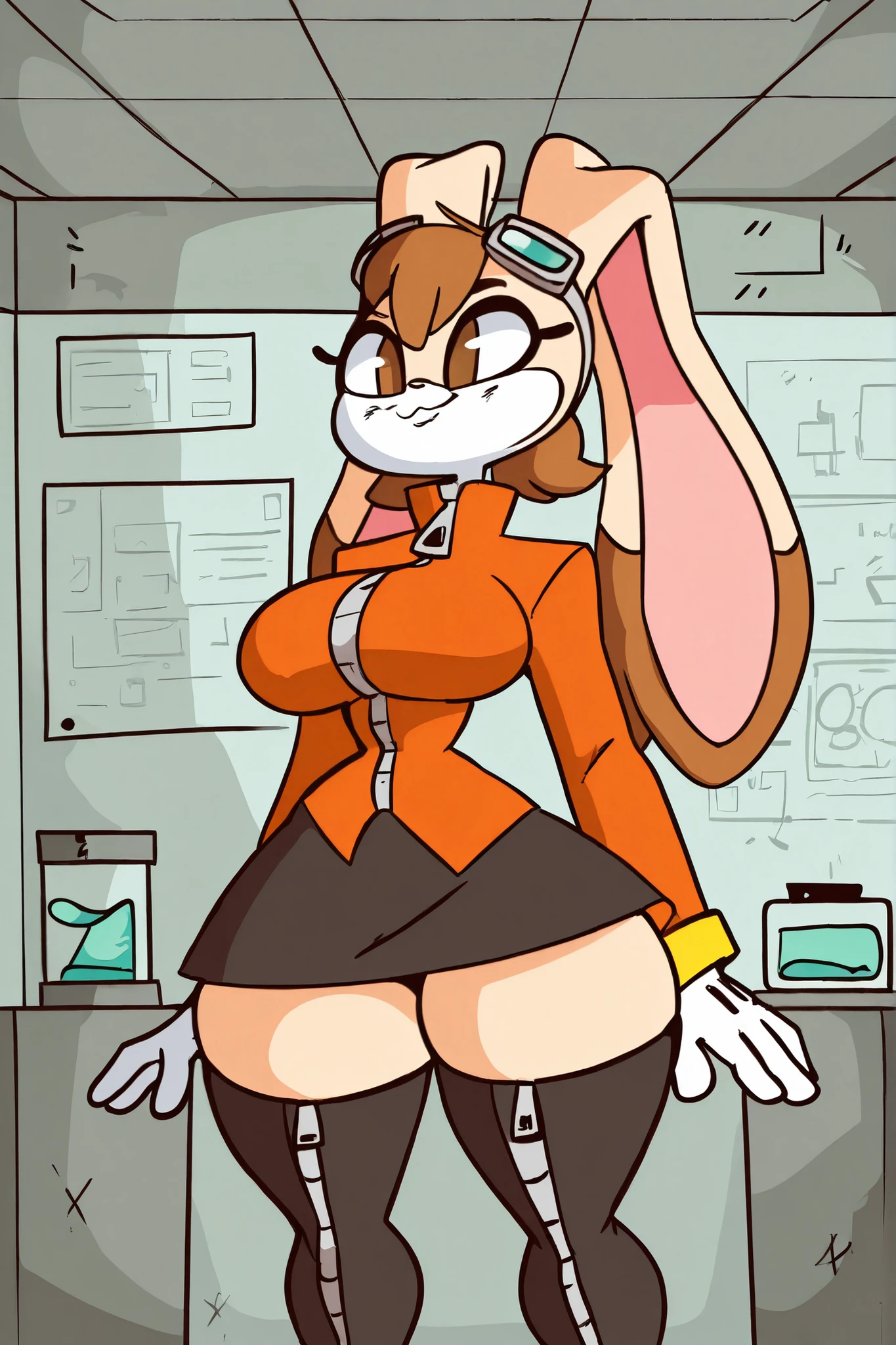 Female, (Vanilla the rabbit), light brown skin, brown eyes, long ears, brown hair, devilish smile, , big legs, big thighs, , laboratory, goggles on head, coat, long sleeves, zipper pull tab, white gloves, skirt, black skirt, zettai ryouiki, black thighhighs, thigh boots,