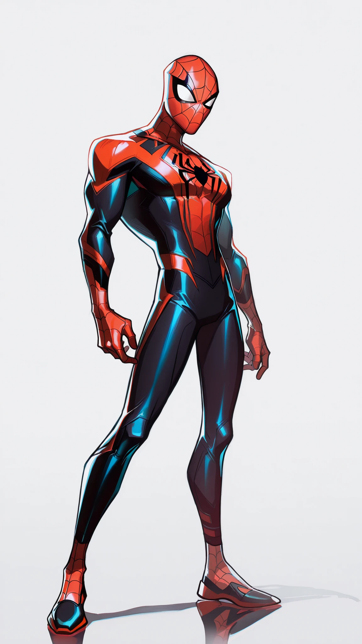 Spiderman wearing a red & black colour sleek suit, athletic body, white spider symbol on chest, 2.5D cartoon style, 8K ultra HD, high quality, standing pose, good detailing, good lighting, full body, front view, back view, front view, side view, white background,
