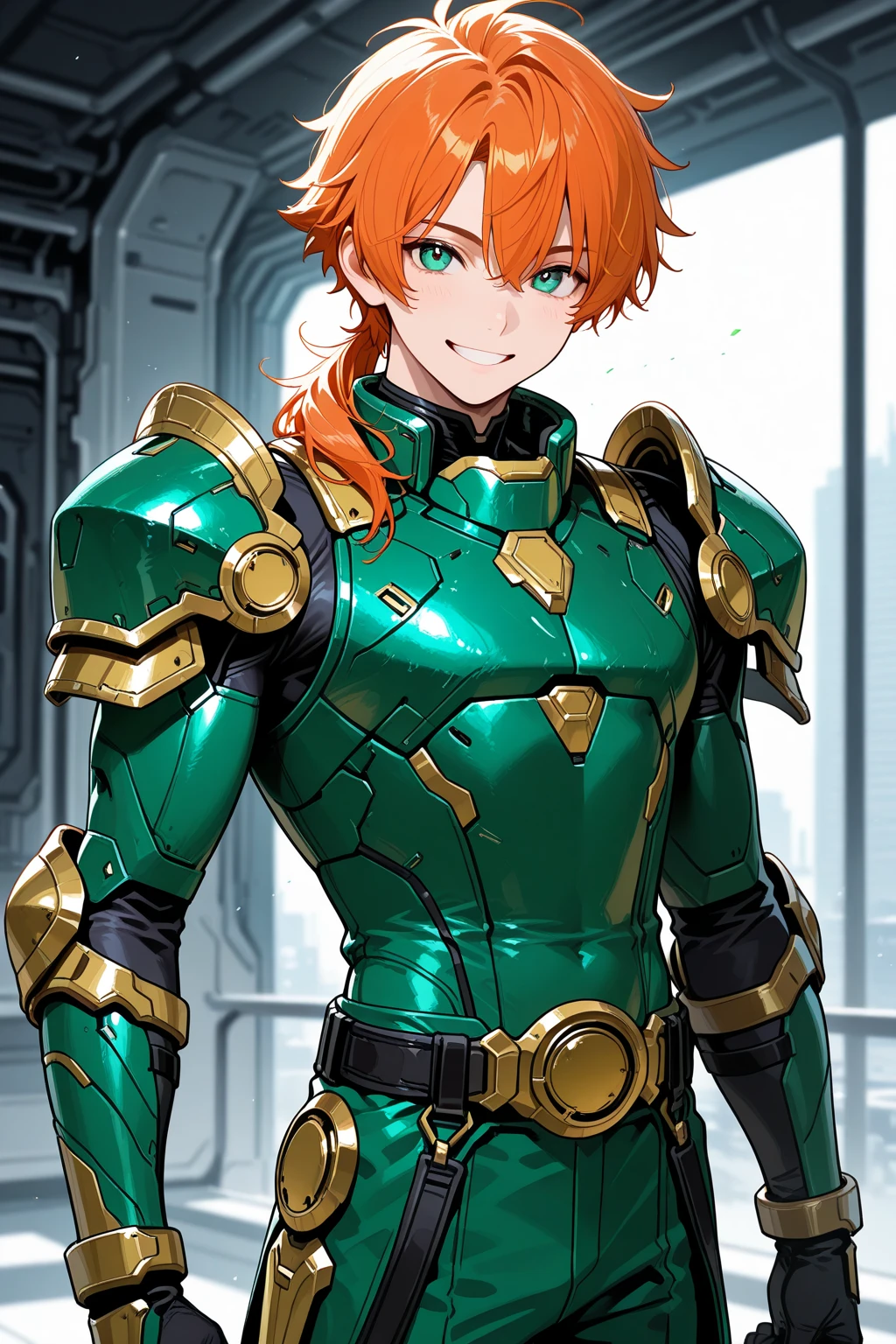 ((masterpiece)), ((best quality)), ((highres)), young man, tall, thin, red hair, slicked back hair, smirking, liquid metal armour, full body armour, green eyes, standing, full body
