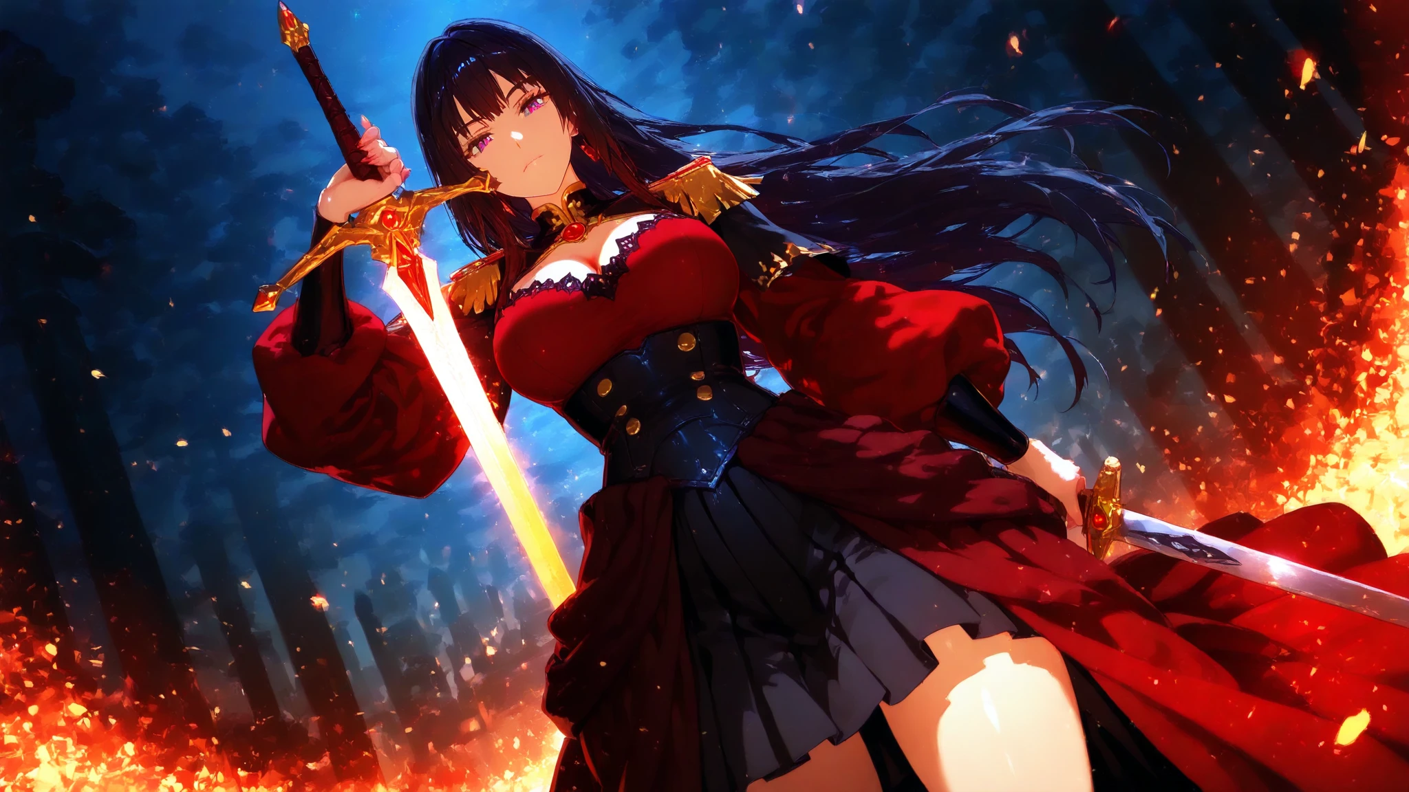 (8K、top-quality、​masterpiece:1.2)、(realisitic、ultra-detailliert、超A high resolution、1 girl,beautifull detailed face,perfect body,((layered hair,long black hair)),((daytime)),Constriction、(Slim waist) :1.3)、Beautiful detailed skin、Skin Texture、Floating hair、Professional Lighting,stately mansion,(Whole human body:1.0),long shot,,embroidery breastplate ,metal accent cape,thighhighs,cleavage,dynamic pose hand holding a sword gripping sword in hand,serious