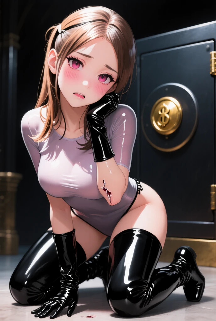 long dark hair / big  / brown eye /  in floor.  pose . handcuffs on hands