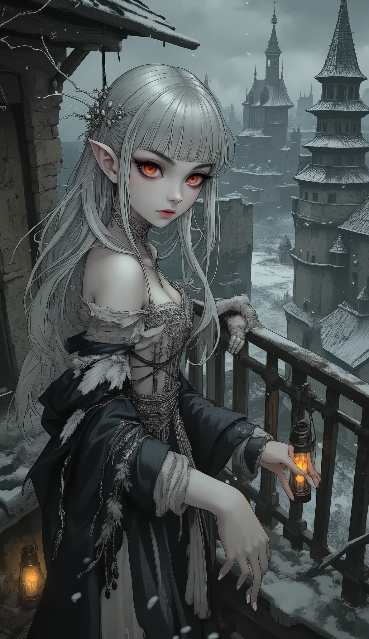 (The fusion of ukiyo-e and dark fantasy. Aesthetic, gothic-style digital art. Detailed facial rendering. Two female elves.) BREAK
(Translucent silver hair. Straight-across bangs. Silver eyebrows. Silver long eyelashes. Almond-shaped eyes. Crimson pupils. Thick, dark eyeliner. Small pink lips. Slightly pointed ears. White, translucent skin. Slender limbs. Thin fingers. White nails. Accurately depict one thumb and four fingers. Moist eyes.) BREAK
(Decaying medieval Russian castle, Arctic port, dark grey sky, sleet. Balcony with derelict furnishings. Female Dhampir ghost, floating, beautiful, wearing elaborate Late Renaissance Spanish Romani costume: detailed corset, long bird feathers. Single freezing lantern light. Gothic horror, high contrast, detailed realism, hyper-detailed architecture, historically inspired attire.)