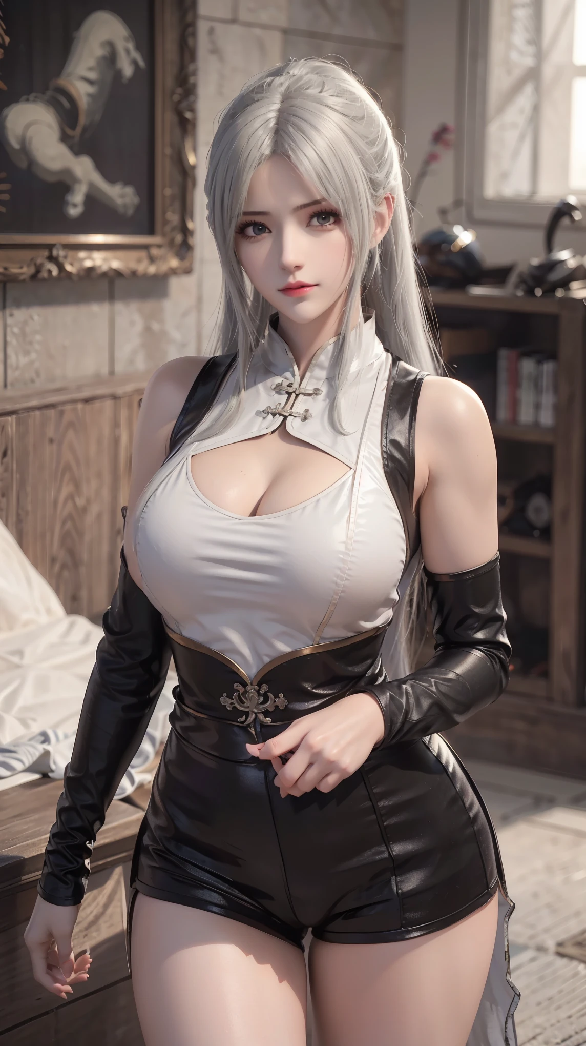 ,ภาพใกล้ของผู้หญิงที่สวมหน้ากากcolorขาว, beautiful shape painting , Gu Weiss , Gurwitz style art , White-haired Gods, Author:Yang Jie, Art Pictures Extremely Beautiful Shapes , วอลเปเปอร์ CG8k High Qualityสุด , Author:Fan Qi, โดย อู๋จุน colorฝาน, It Unique texture , single ponytail, libel, high ponytail, Tall and big, long legs, ( sleeveless lace shirt ), ( shorts), (Stripes )), ((Stripes )), walk, elegant, has dignity, miss, Beautiful curves, sweetheart , Strong Details and Layers, color丰富绚丽, Unique texture , rich and colorful, color, bright, Art of Design, 16k, high profile , {{illustration}}, { extremely exquisite }, {Exquisite surface finishing}, high profile , eyes soft, sweet and shining, {{light}}, 极致light效果, model: illustration , CFG size: 12, Laura: เนื้อสัมผัสที่bright (1.35), High Quality , superb performance, art digital de alta qualità anime aesthetic , Fine hair drawing , eyes, superb performance, Breast Opener, light线追踪, วอลล์เปเปอร์ CG Uniform 8K ที่มีhigh profileมาก , superb performance, Breast Opener, ( 1 girl), perfect miss figure, (((เสื้อยืดcolorขาวรัดกุม))), ( gorgeous face ), ผมสั้นcolorดำ , Tie your hair , light blue hairpin, ( white), (Optimal lighting), ( very complex detail ), 4K included, ( high profile CG), โชว์ขาcolorขาว , , shortsเซ็กซี่, shorts,big breasts