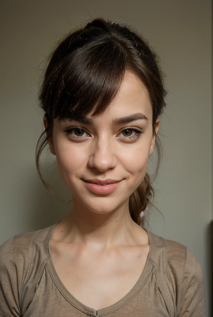 on the table、best quality、high resolution、Eleonora Pavinato, 13 years old, Young headshot in the room sweeter z dużym dekoltem you can see beautiful  girl brunette bun hair beautiful firm comb big oczami sekswina, sendada nlakama.