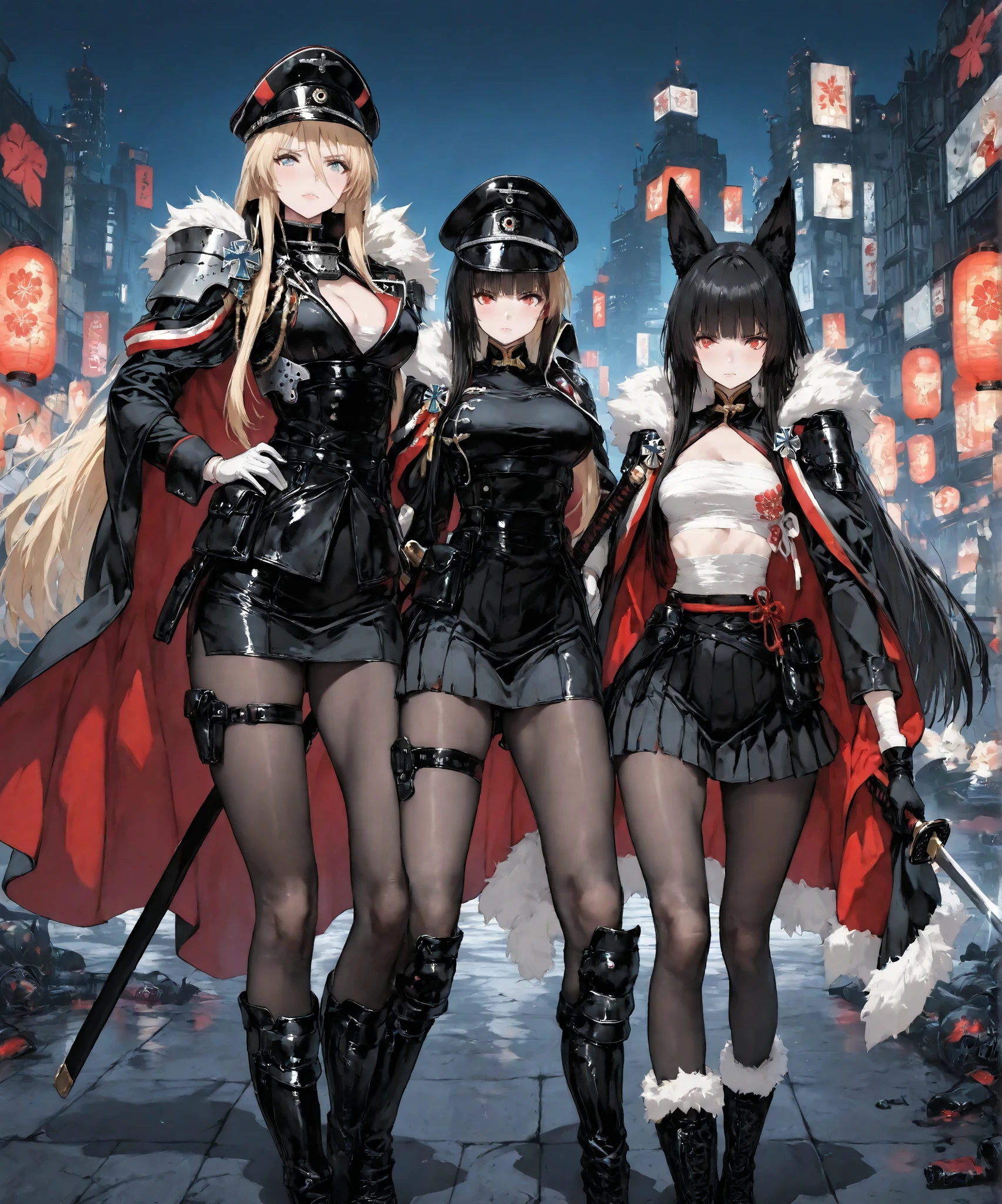 2girls, together , (Crossover Scene), in the left- Girl 1 is : (<Akakitsune>, fox_ears, red_eyes, long_black_hair, blunt_bangs, white_sarashi_top, japanese_open_clothes, black_pleated_mini_skirt, bandaged_arm, black_gloves, bandaged_leg, black_pantyhose, black_boots_footwear, holding her katana sword in the sheathe, Looking at the viewer, She's Beside GIRL 2. in the right- GIRL 2 is : (blue eyes, blonde hair, long hair, long sidelocks, peaked cap, collared, bismarck (coat of arms), fur-trimmed cape, two-tone cape, shoulder armor, cleavage cutout, black military uniform, long sleeves, white gloves, pencil skirt, fur-trimmed boots, huge , She's holding her silver rifle, looking at the viewer, Azur Lane). Together, Night Destroyed city, the two girls are Side by side (Looking at the viewer), behind the two girls there's a scenario of apocalyptic war between humans and machines, determined eyes, (Bismarck is slightly taller), Different heights they're Ready to strikes back Against the viewer, they're side-by-side, Apocalyptic vibes, masterpiece, best quality, posing side By side, amazing quality, detailed background, intricate details