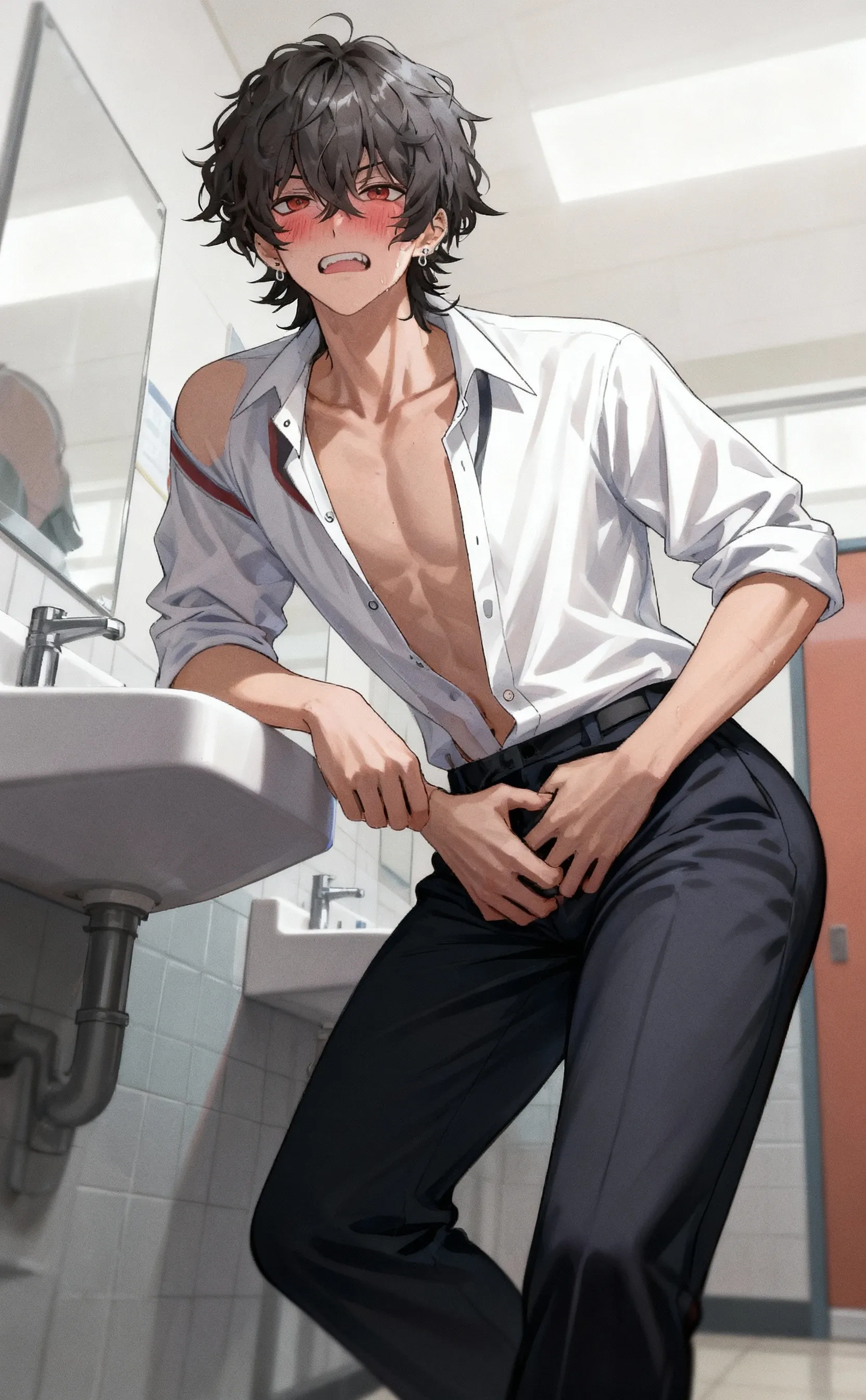 ultra-detailed, masterpiece, best quality, highres, extremely detailed, , (solo shoot:1.5), (1boy:1.5), man, father, lean guy, short hair, work clothes, , , torn clothes, drunk, (restrained:1.5), , handcuffs, kneeling, (excessive :1.3), ( on body:1.5), bus stop,