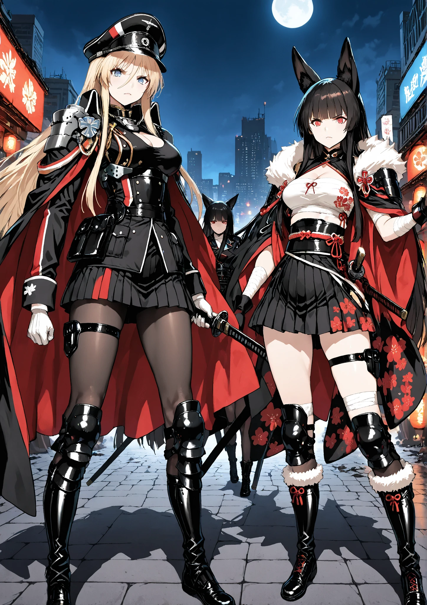 2girls, together , (Crossover Scene), in the left- Girl 1 is : (<Akakitsune>, fox_ears, red_eyes, long_black_hair, blunt_bangs, white_sarashi_top, japanese_open_clothes, black_pleated_mini_skirt, bandaged_arm, black_gloves, bandaged_leg, black_pantyhose, black_boots_footwear, holding her katana sword in the sheathe, Looking at the viewer, She's Beside GIRL 2. in the right- GIRL 2 is : (blue eyes, blonde hair, long hair, long sidelocks, peaked cap, collared, bismarck (coat of arms), fur-trimmed cape, two-tone cape, shoulder armor, cleavage cutout, black military uniform, long sleeves, white gloves, pencil skirt, fur-trimmed boots, huge , She's holding her silver rifle, looking at the viewer, Azur Lane). Together, Night Destroyed city, the two girls are Side by side (Looking at the viewer), behind the two girls there's a scenario of apocalyptic war between humans and machines, determined eyes, (Bismarck is slightly taller), Different heights they're Ready to strikes back Against the viewer, they're side-by-side, Apocalyptic vibes, masterpiece, best quality, posing side By side, amazing quality, detailed background, intricate details