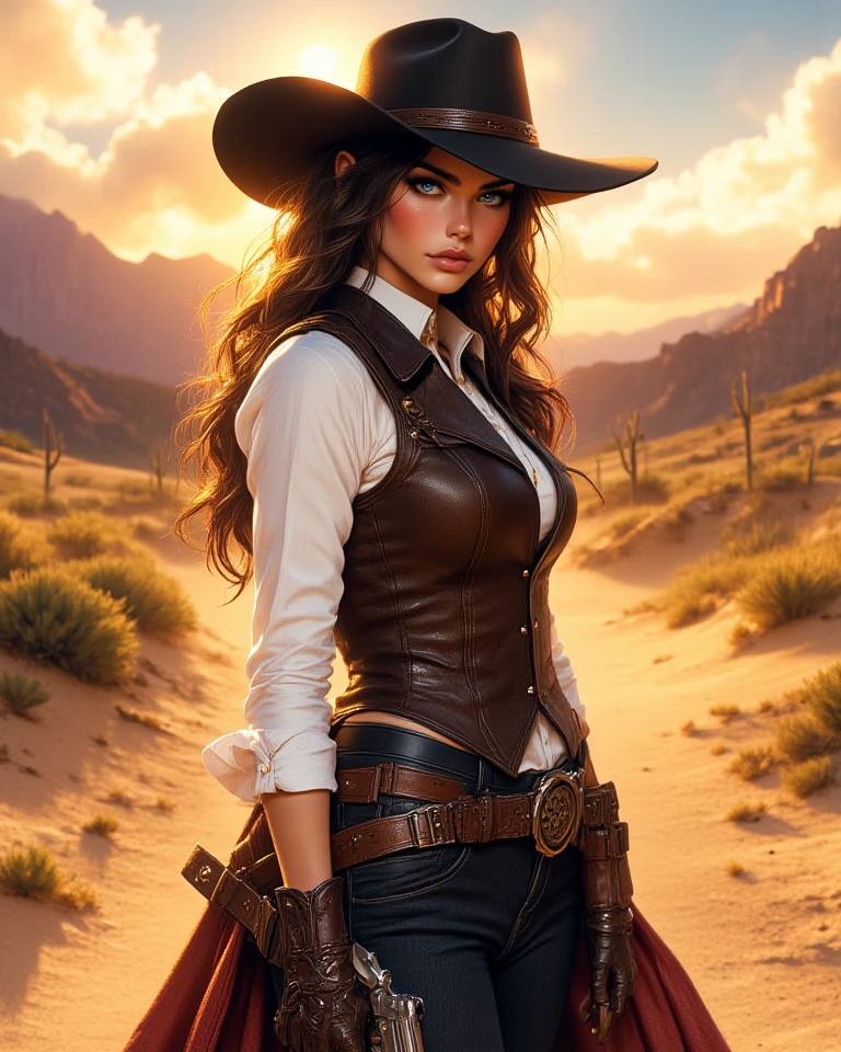 circa 1880s full length western cowboy woman, long brown ponytail, brown eyes, high arched eyebrows, long graceful neck, red lips, large , tight brown leather pants, long leather coat, leather boots, cowboy hat, desolate desolate American small town dusty walks on a sandy street, (realistic, photorealistic, photorealistic:1.37 ), horror, dark and gloomy atmosphere with dramatic lighting, dull reddish colors, Foggy environment, detailed  expressions, Horrible fog