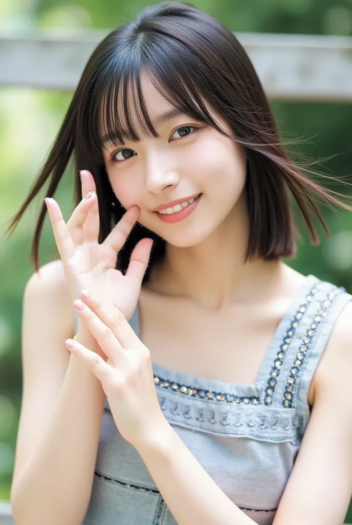 (RAW photo, highest quality), , Sheer Dress, tight waist、necklace, 、very delicate and beautiful, soft light, (brown hair, short hair swaying in the wind, bangs), beautiful detailed girl, (finger details), highly detailed eyes and face, beautifully detailed nose, beautiful and detailed eyes, 1 girl, Japanese, Neat beauty, cute, young, smile, , (), realistic face, realistic body, , The hair on the skin shines、rough skin、mole on face and 、A piece swaying in the wind、stare at the camera、tight waist、garden、Bokeh 