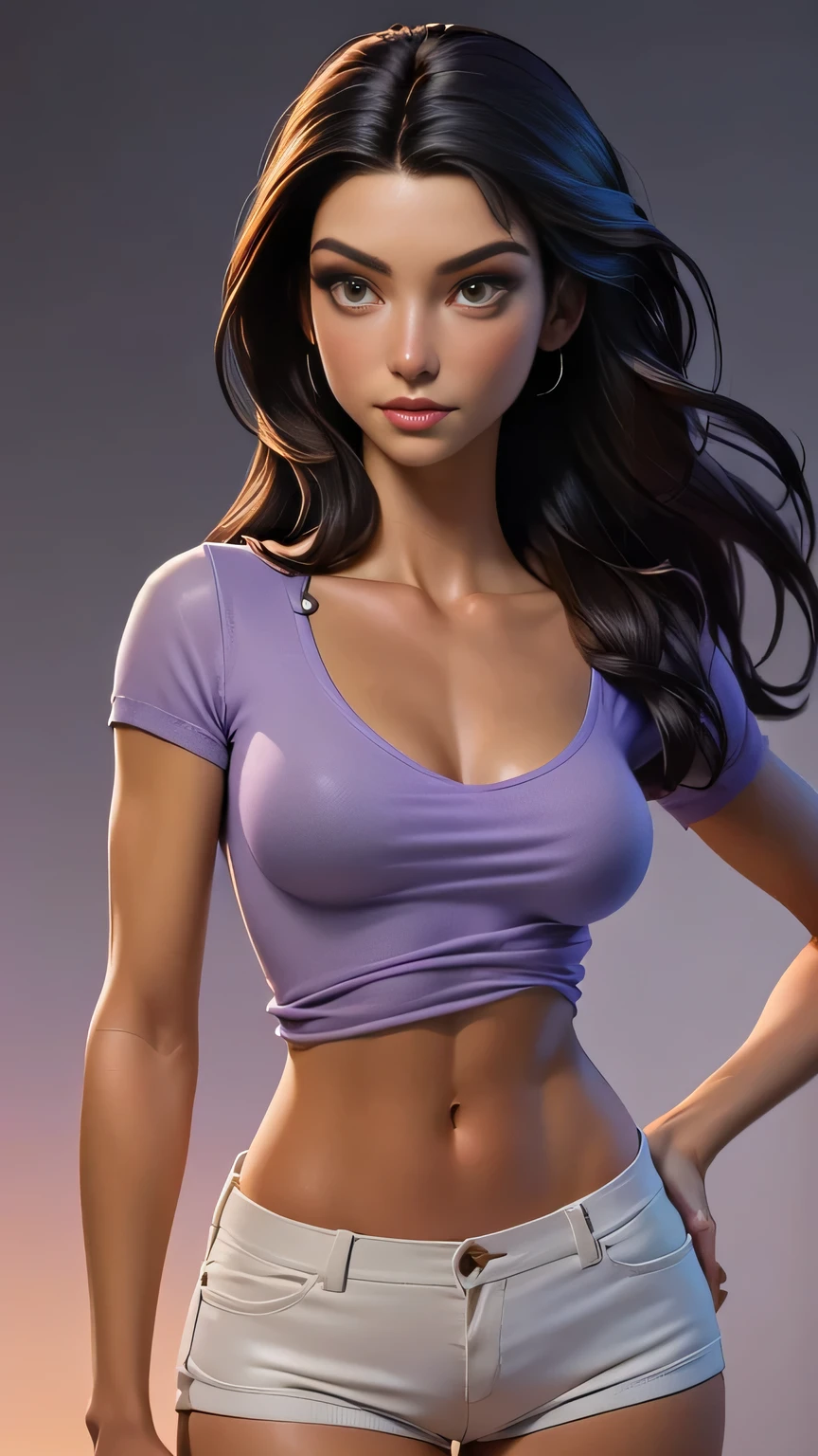 RAW digital art, ultra-realistic 3D render of a stunning woman resembling Native American Woman, Pocahontas, Close-Up portrait, ((young woman)), ((highly detailed face:1.3)), ((perfectly portioned body, perfect female figure:1.3)), ((skinny, slim waist, narrow hips:1.3)), ((seductive gaze)), ((flawless skin texture, long eyelashes, expressive eyes with subtle reflections, makeup)), ((perfect breasts, medium breasts:1.4)), ((smooth yet detailed hair strands, long dark as night hair, shiny hair: 1.2)), soft shadows and cinematic studio lighting, Pixar-inspired style blending vibrant colors with realistic details, ((wearing a lavender T-shirt, white high-waisted shorts: 1.35)) plane background, blue skies, Leaning slightly to one side, playful tilt of the head, sexy pose, background softly blurred with warm tones, (8K resolution, intricate textures, sharp focus)