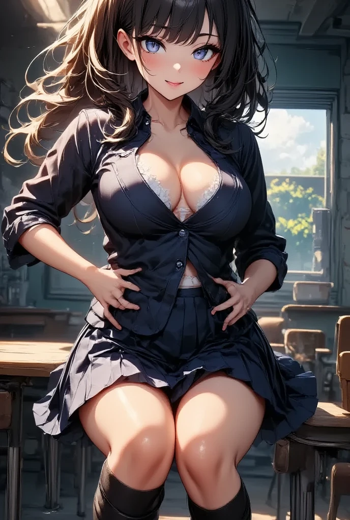 hi res, masterpiece, 8k, ????, gyaru, 16 years-old girl, dark tanned skin, plump body, gigantic ????, huge ???, brown braids, teal eyes, smirking face, mouth open, tongue out, white unbuttoned shirt, gigantic cleavage, erected ???????, red tie, blue pleated mini skirt, ?????? black laced panties, standind with her legs spread wide, lifting skirt, (squirting ????), sidewalk, ocean in background, sunset