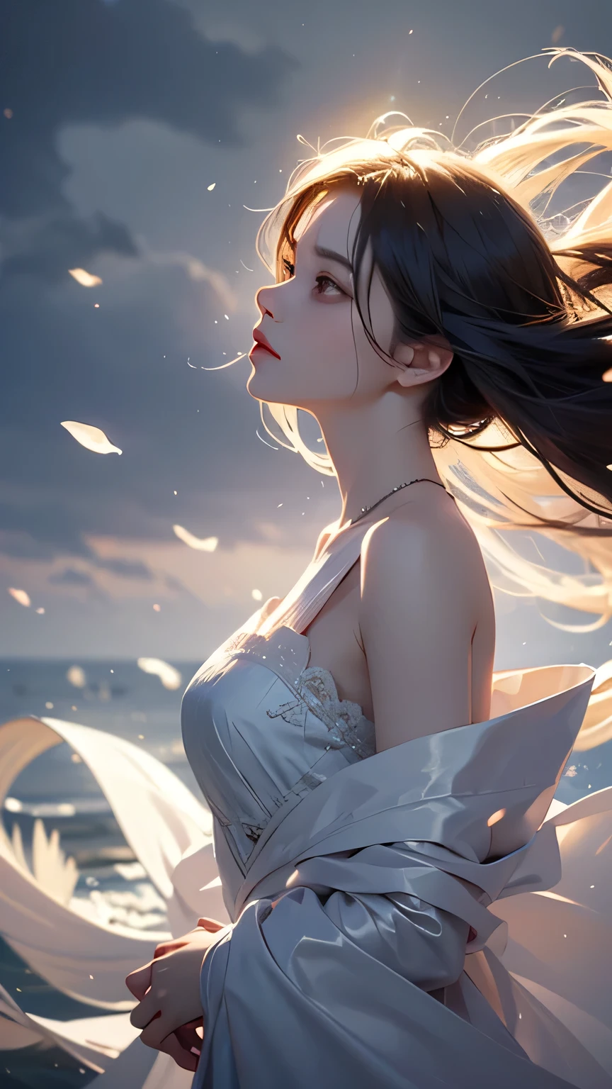 best quailty，tmasterpiece，Super-High Resolution，（真实感：1.4），A girl with，Beautiful face，Long curly black hair，White slip dress，short  skirt，white stockings，white Heels，Hand-held skirt，Red flower sea background，The beautiful glow of the sunrise infects the whole picture，It instantly brings a fresh and mysterious atmosphere