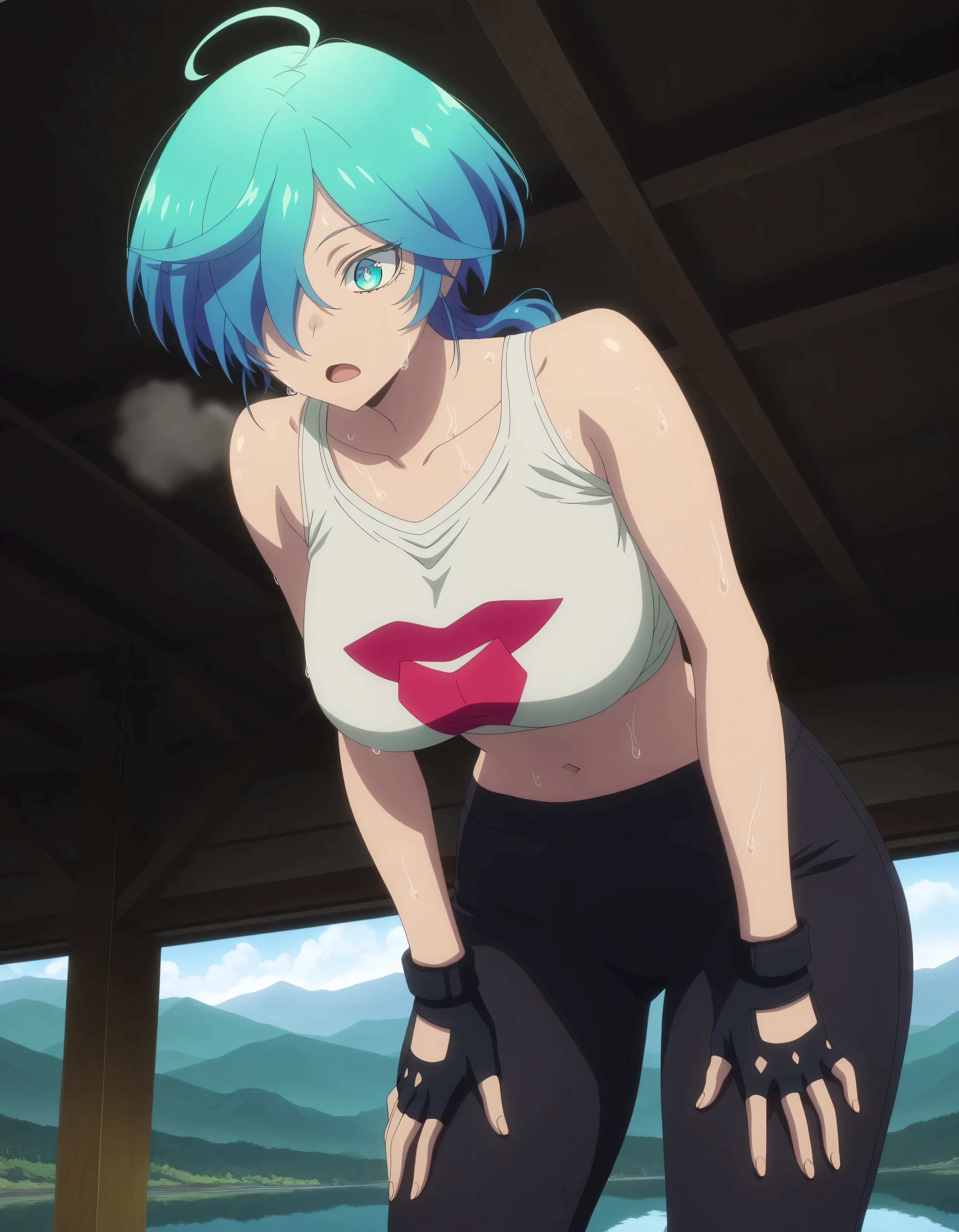 masterpiece, best quality, amazing quality,, tina isemi, short hair, blue eyes, blue hair, ahoge, multicolored hair, hair over one eye, aqua eyes, mature female, , anime screencap, navel, midriff, black skirt, fingerless gloves, crop top, denim, cropped shirt, from below, lake, water, reflection, mountains, calm, cowboy shot, solo, yoga pants, sports bra, navel, shoulders, collarbone, gym, hands on own thighs, out of breath, sweaty, open mouth, , leaning forward,