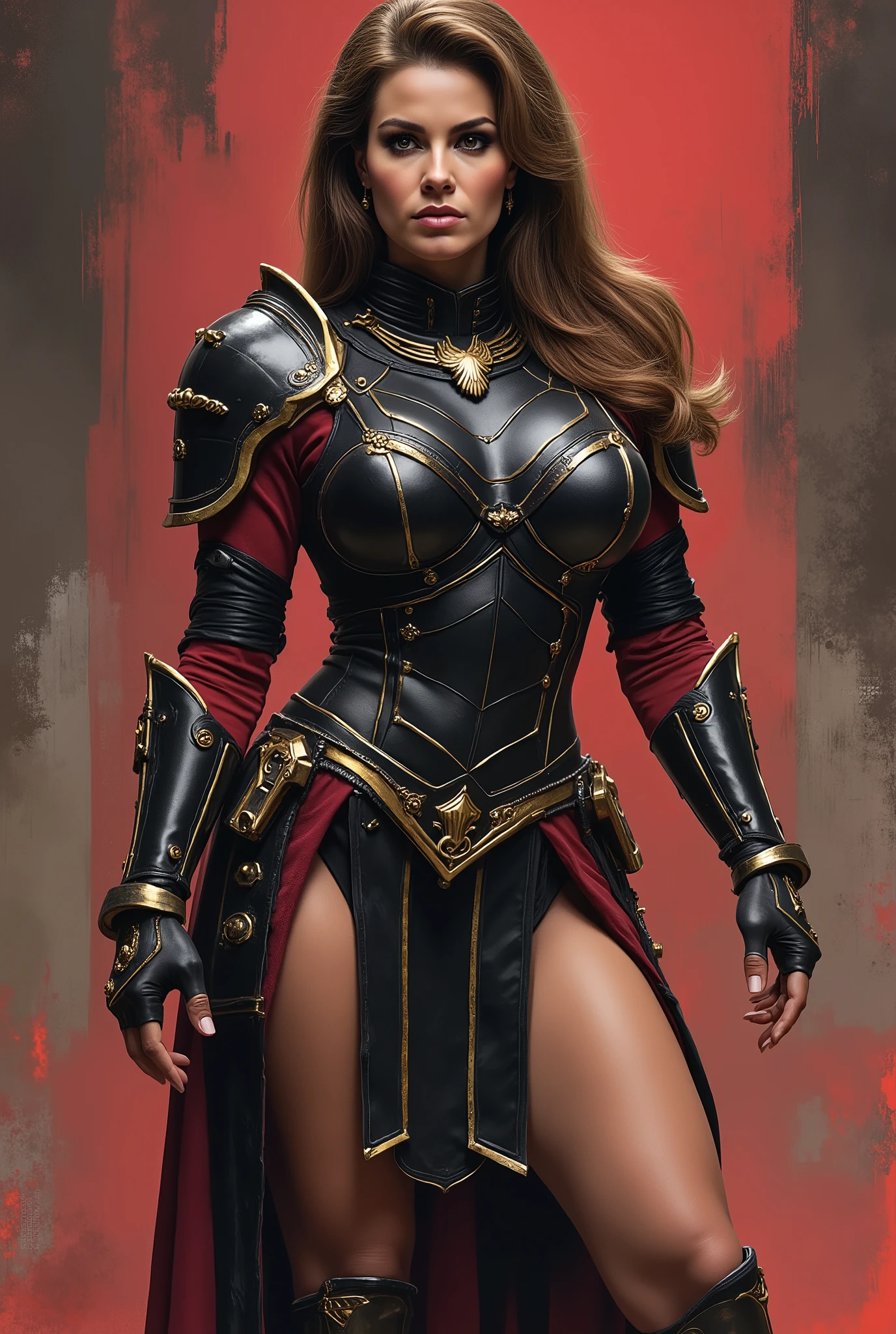 An extremely detailed comic book illustration in a dark fantasy or gothic style depicting an extremely curvaceous young woman in her late s wearing intimidating black power armor inspired by the armor of Warhammer 40k decorated with scrollwork in metallic gold accents and featuring a high collar or gorget with metallic accents with eagle Aquila symbolism like a science fiction dark fantasy roman legionnaire meets samurai in an art style inspired by Frank Miller and Conan the Barbarian . The armor appears to be black with red accents gold trim and combines elements of Warhammer 40k grim dark science fiction fantasy with elements of roman legionnaire armor and samurai armor and has a dramatic slit in the skirts to show off her extremely long legs . The artwork has a realistic quality while maintaining a stylized , fantasy aesthetic . The lighting in the piece creates dramatic shadows and highlights , particularly on the face and armor details . The overall mood of the piece is intense and somewhat dark , fitting for what seems to be a warrior or battle-oriented character . The background is in textured brushstrokes in shades of roman red , gold , and black . Standing in a dynamic action pose . Trending on Art Station