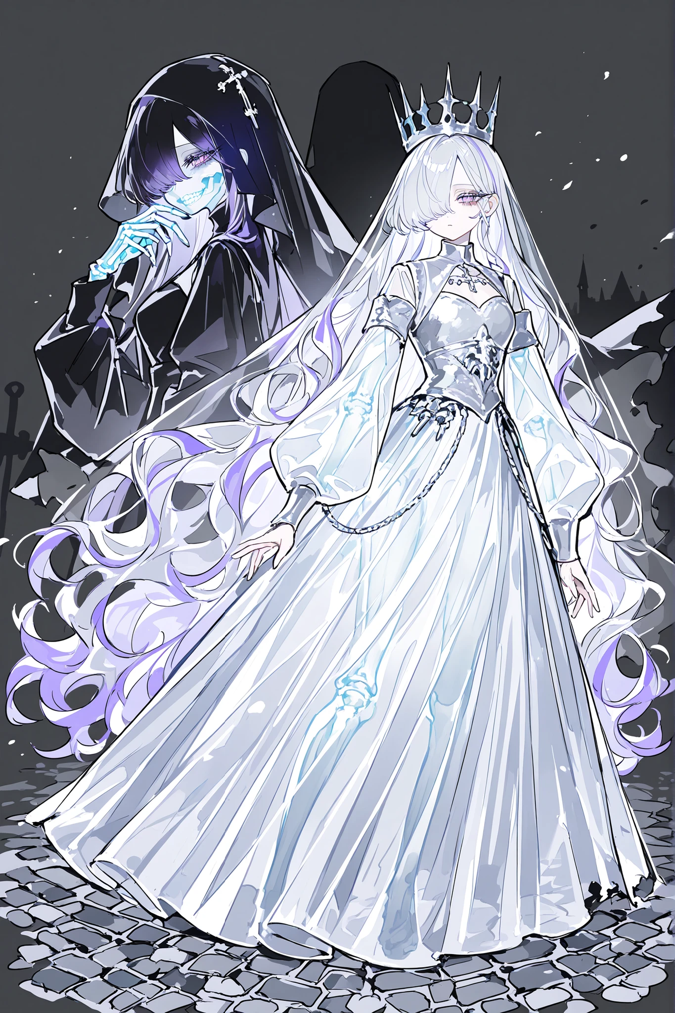 (source_anime,xxx667_illu,glowing,) The ghostly medival princes is a ghost. (her body is transparent and translucent because she is a ghost. (She has a transparent skin, the silhouette of her skeletal bones can be see through.) She has a mature physique. She has ghostly pale skin and bruises under her eyes. She has tired big black-purple eyes with long eyelashes and leaking mascara. She has black very long hair with purple highlights, she has a careless long ghostly hairstyle with long hair over one eye. She has a black manicure. She is wearing a black medieval long-sleeved dress,and silver nun's wimple. She wearing a tasseled black silver cone hat of princess. (In the background: is a room with an authentic interior of abandoned medieval castle made of cobblestone. Abandoned medival kingdom.)