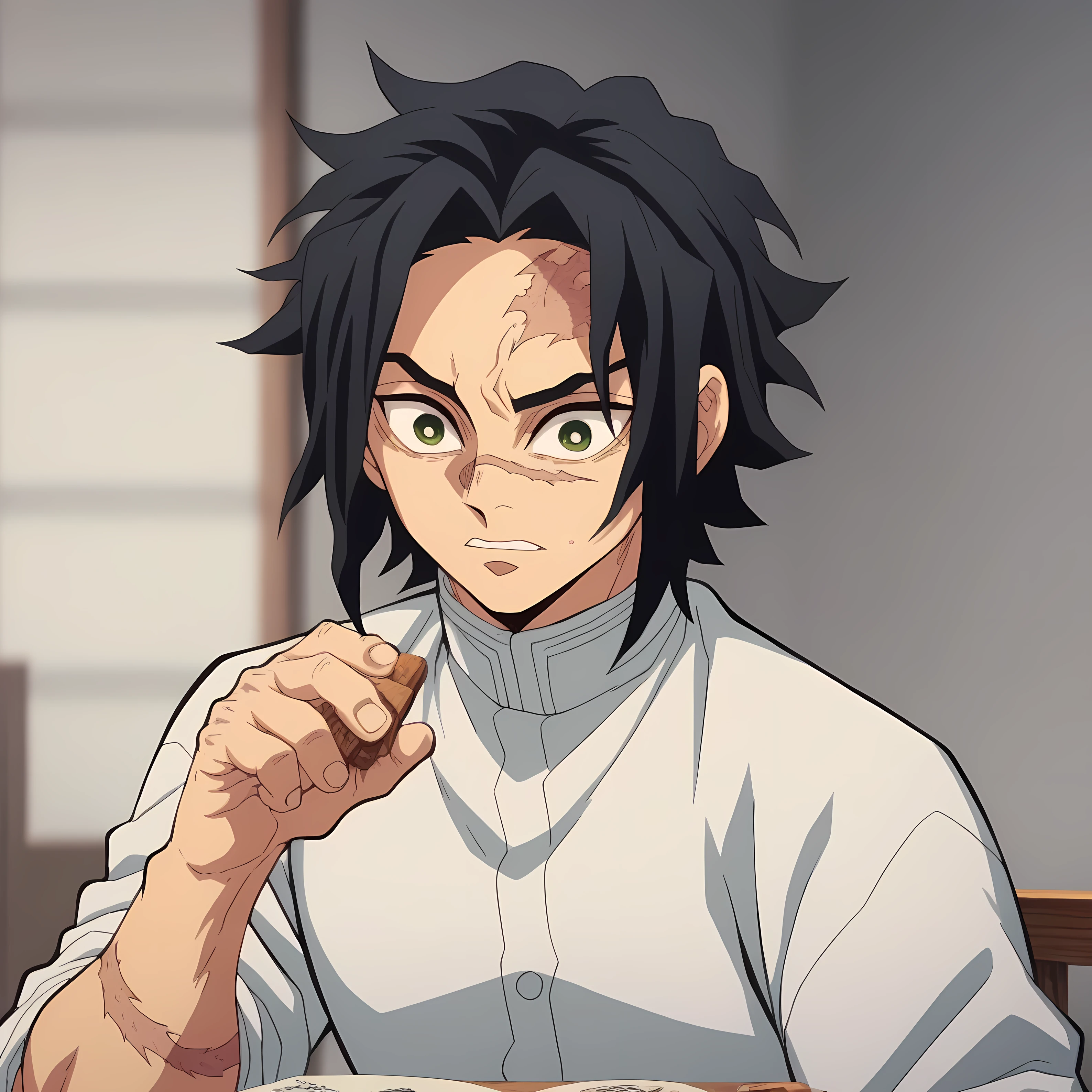 anime screencap, season 4 ufotable studio, boy, black hair, shoulder-length hair, square, hair in a fluffy, the black strand, fighter uniform with a black undertone, red haori, green eyes, scar on face, weapons are black fans with patterns
