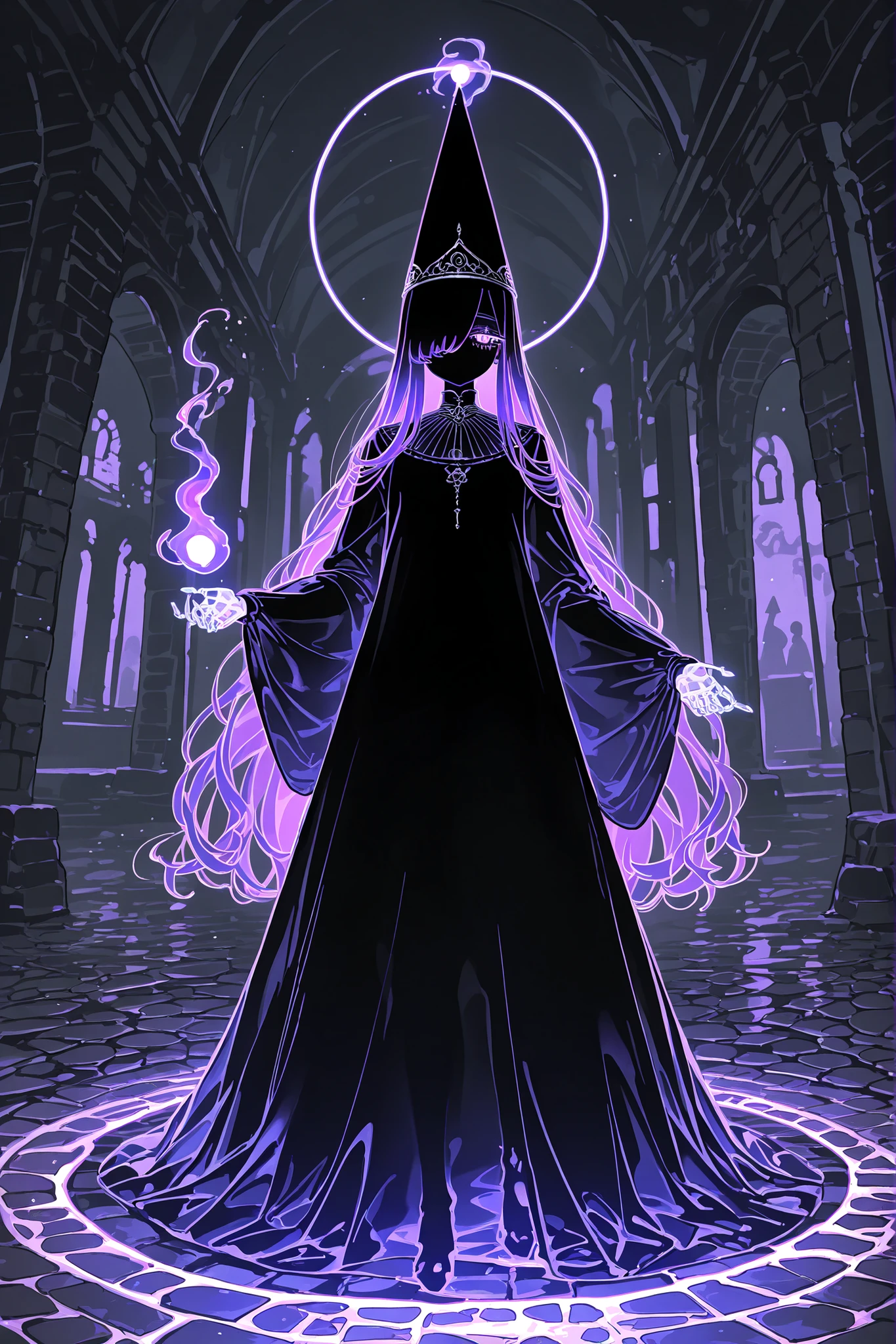  (source_anime,xxx667_illu,glowing,) The ghostly medival princes is a ghost.(She has a transparent skin, the silhouette of her skeletal bones can be see through.) She has a mature physique. She has ghostly pale skin and bruises under her eyes. She has tired big black-purple eyes with long eyelashes and leaking mascara. She has black very long hair with purple highlights, she has a careless long ghostly hairstyle with long hair over one eye. She has a black manicure. She is wearing a black medieval long-sleeved dress,and silver wimple. She wearing a tasseled black silver cone hat of princess. (In the background: is a room with an authentic interior of abandoned medieval castle made of cobblestone. Abandoned medival kingdom.)