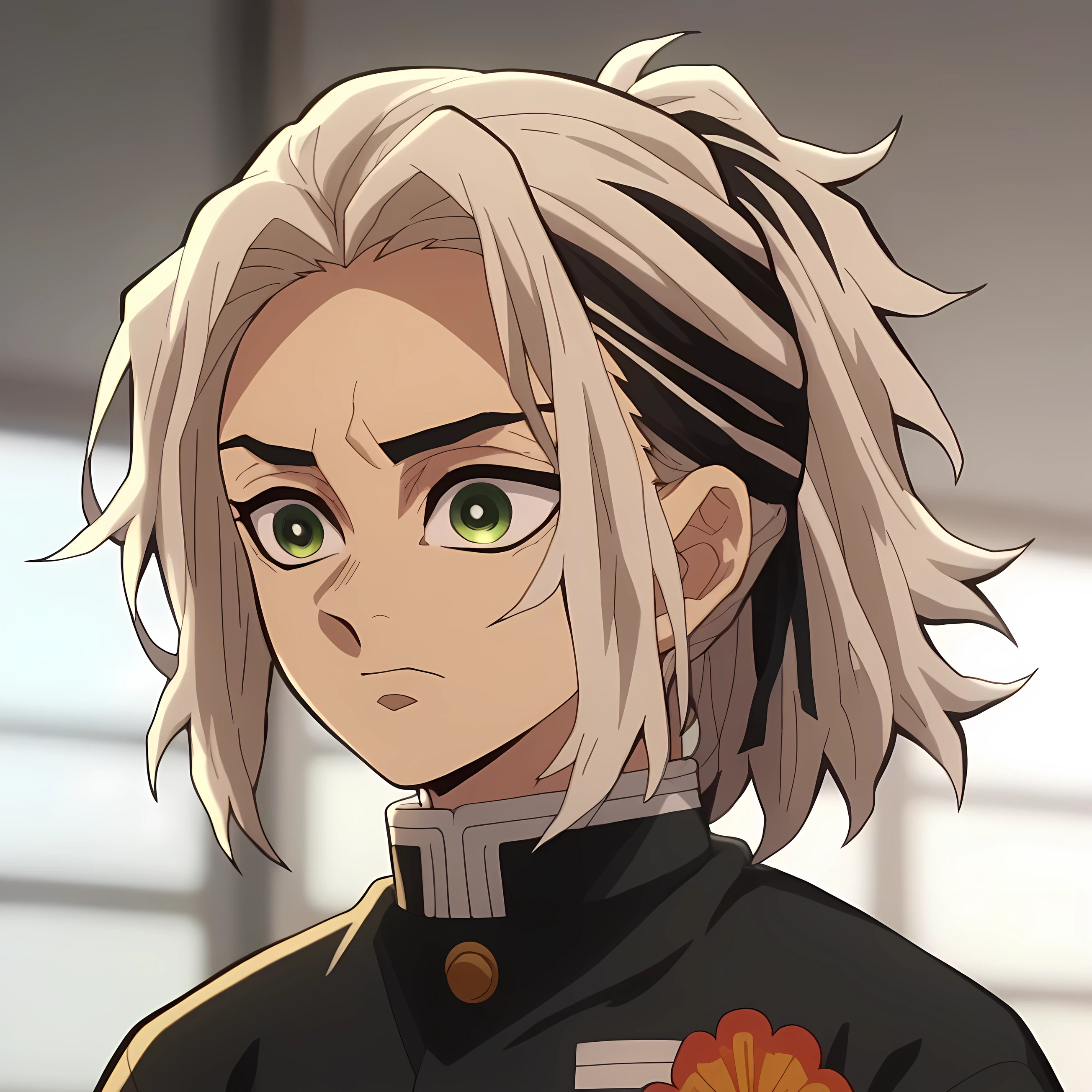 anime screencap, season 4 ufotable studio, girl, black hair, front strands in a ponytail, hair in a fluffy, messy ponytail, beige hair tips, the black strand, fighter uniform with a black undertone, gold jewelry in the hair, black haori with golden patterns, green eyes, weapons are black fans with patterns