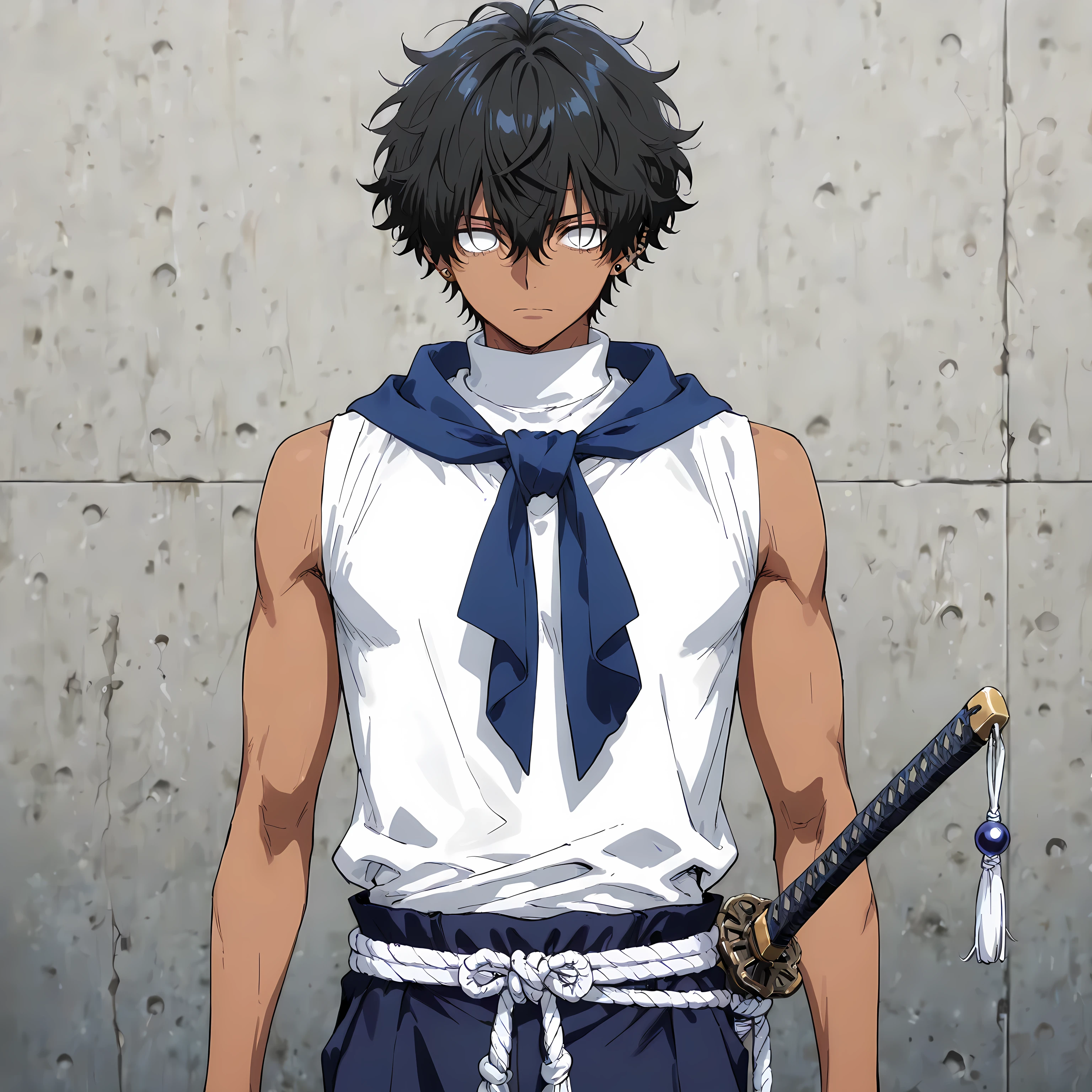 <lora:TrendCraft_The_Peoples_Style_Detailer-v2.4I-5_18_2025-Illustrious:0.2> <lora:flatline_v2_-_Illus_x_Niji:0.6>, masterpiece, highest quality, simple, 1boy, male focus, masculine, dark tanned skin, solo, young adult, lean build, black hair, short wavy messy hair, hair in eyes, pastel white eyes, no pupils, sleeveless white turtleneck, tucked shirt, blue neckerchief, dark blue pants, white rope tied belt, piercing gaze, standing still, katana strapped behind back, training area background, perfect background, close up