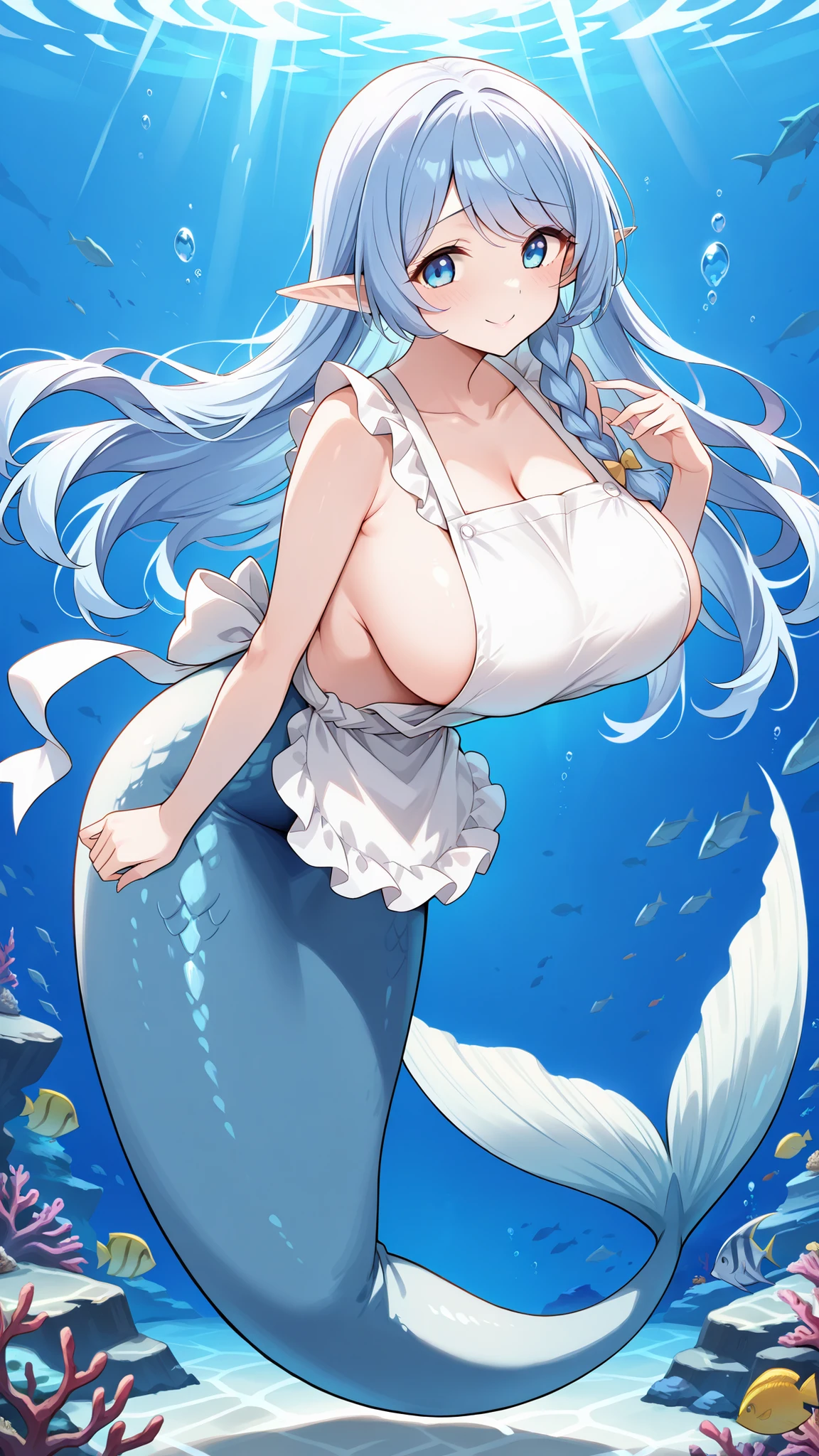 (Fraction_9:0.9),Fraction_8_Up,Fraction_7_Up,grade,(zPDXL3),( masterpiece), ( Best quality ),(All five fingers ),a girl,alone,Water Enchantress of the temple,Long blue hair, blue eyes , bangs,elf ear,nude apron,big boobs ,Mermaid,the lower part of the body is a light blue fish tail,very beautiful,Smile,shy,Full body picture,has no legs,(Underwater:1.2)