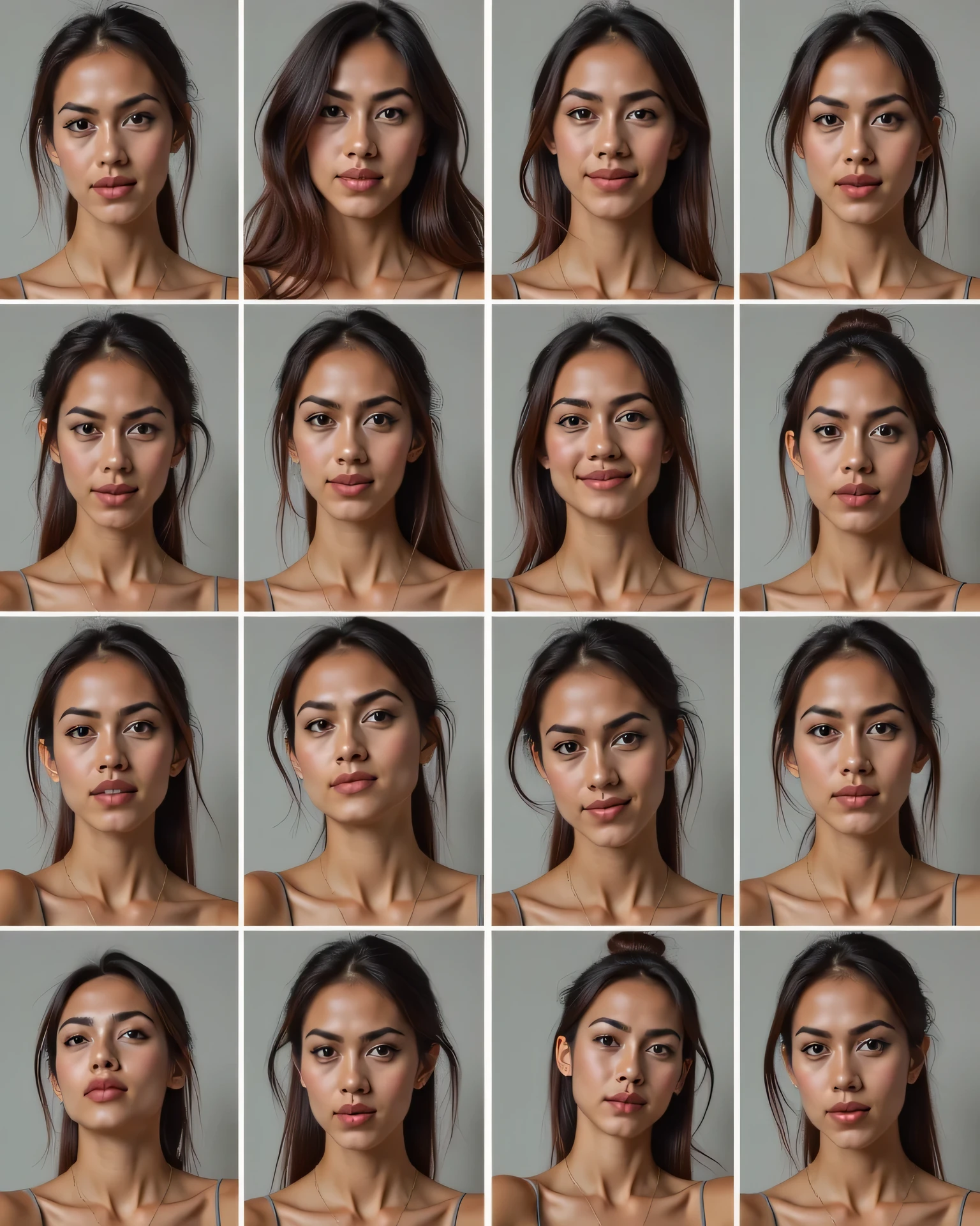 12 photos of the same woman with different expressions: happy, bothers, sad, Surprised, in love