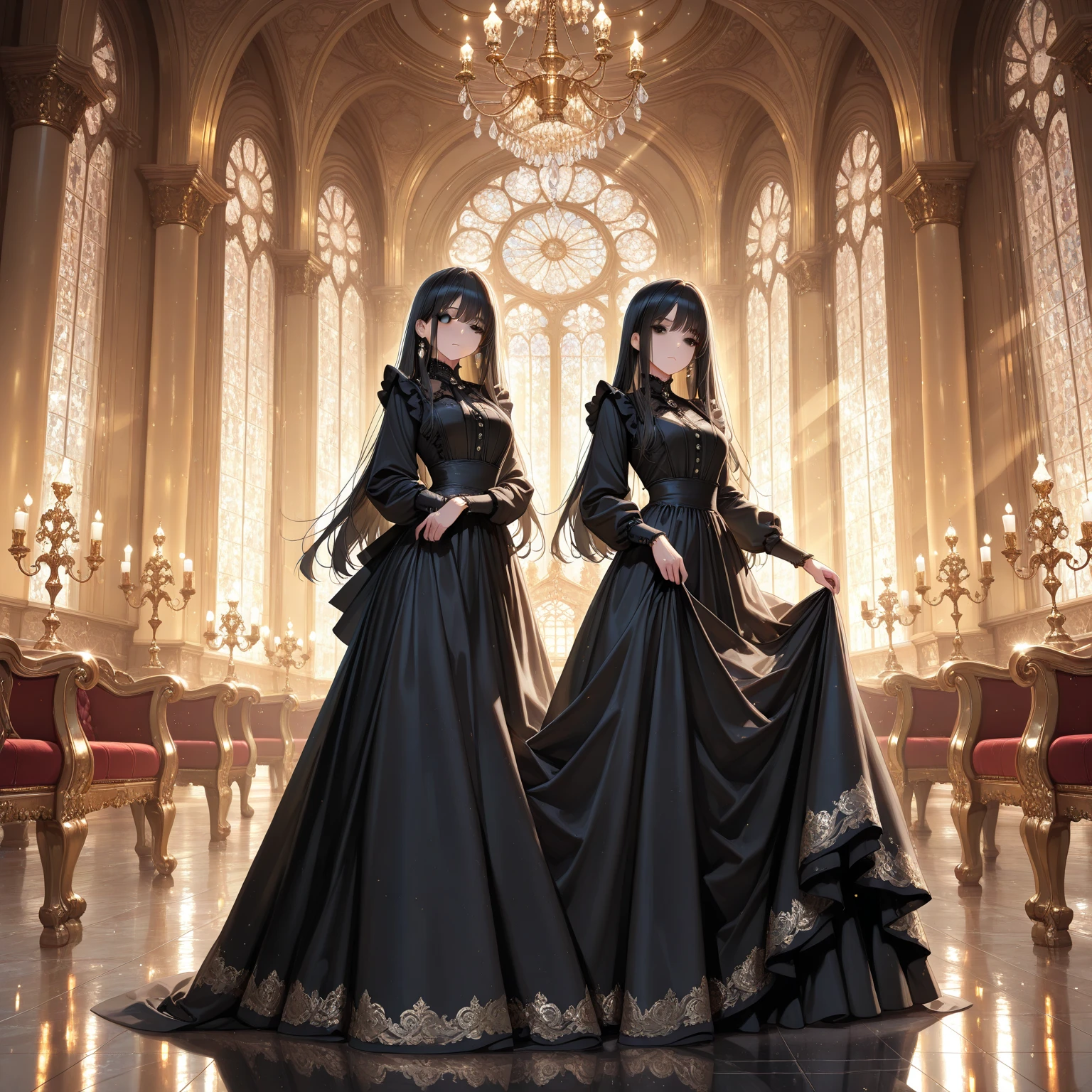 undefined, hot princess walking down the aisle in a black dress , she has very .glued castle corridor 