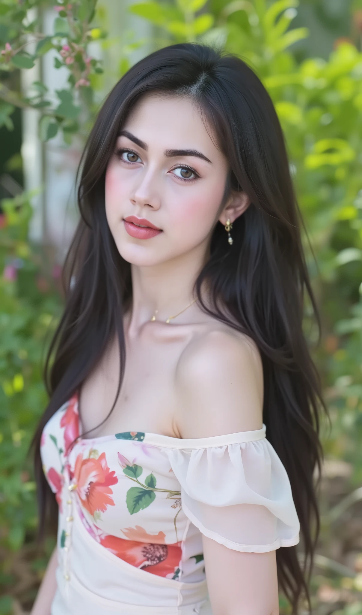 Amazing portrait of a woman who is 30 years old and an adult and a woman in a bedroom with a beautiful detailed face emphasised by some amazing makeup happy vibes beauty smile open mouth confident wearing an orange maxi dress with floral patterns and a square neckline that emphasizes her medium and slightly puffy short sleeves with a expression heightened by her eyes with smokey eyeliner with her black hair in a long braid as she tilts her head to the side and exposes her delicate neck during night time with soft lighting showcasing her red lips and her beautiful face in detail and close up