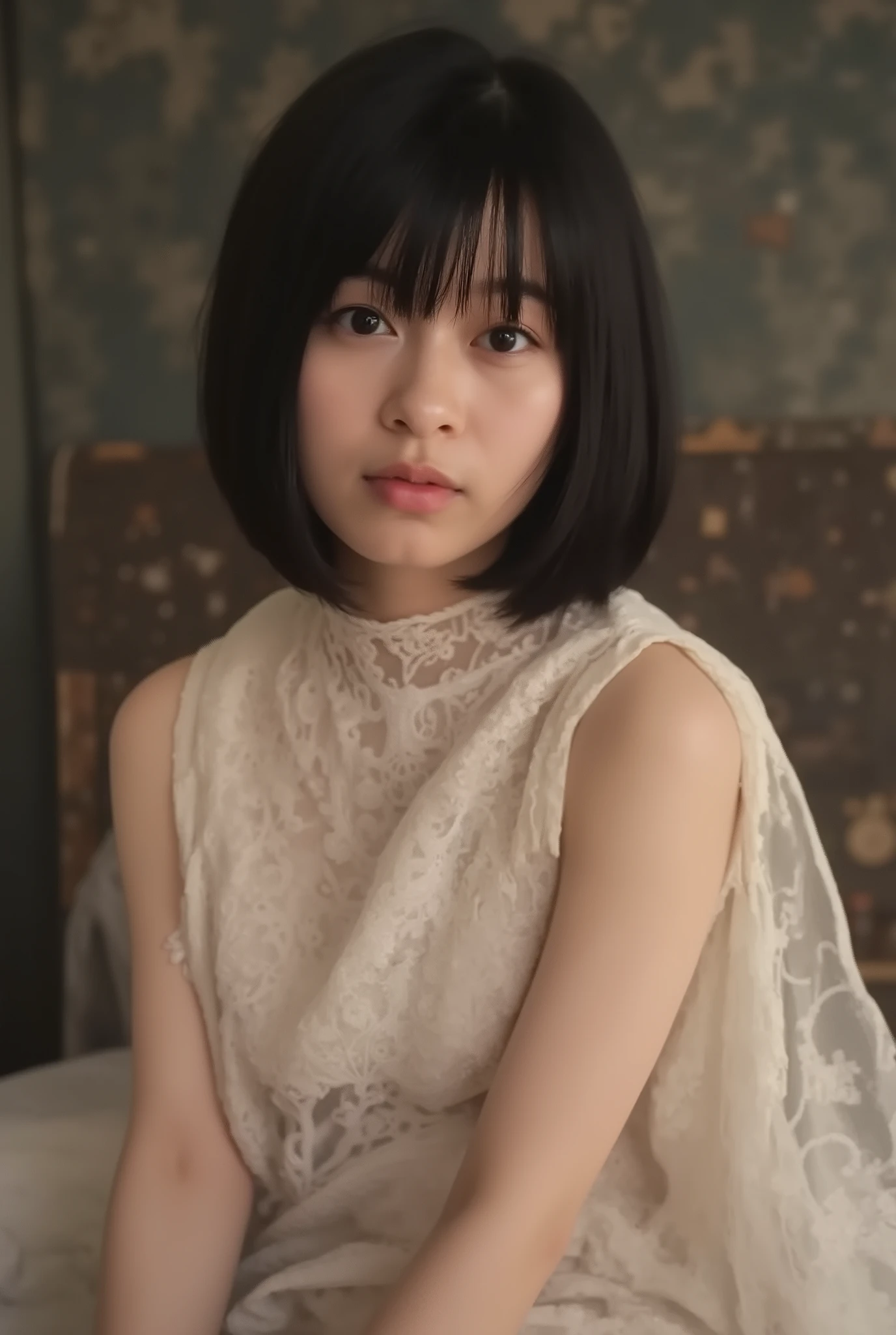 (( premium quality,  8k )), ((masterpiece)), ( details),    、dark hair,  Japanese Girl,   first-person view   ,ONE WOMAN, thin girl, petite girl ,   sexy,(  full nude,  in the bedroom),(((    very big breasts,  full nude,  beautiful breasts, short bob hair , dark hair))),  ((dark hair )) , (( No Decorations,  no accessories,   full nude,     without makeup))