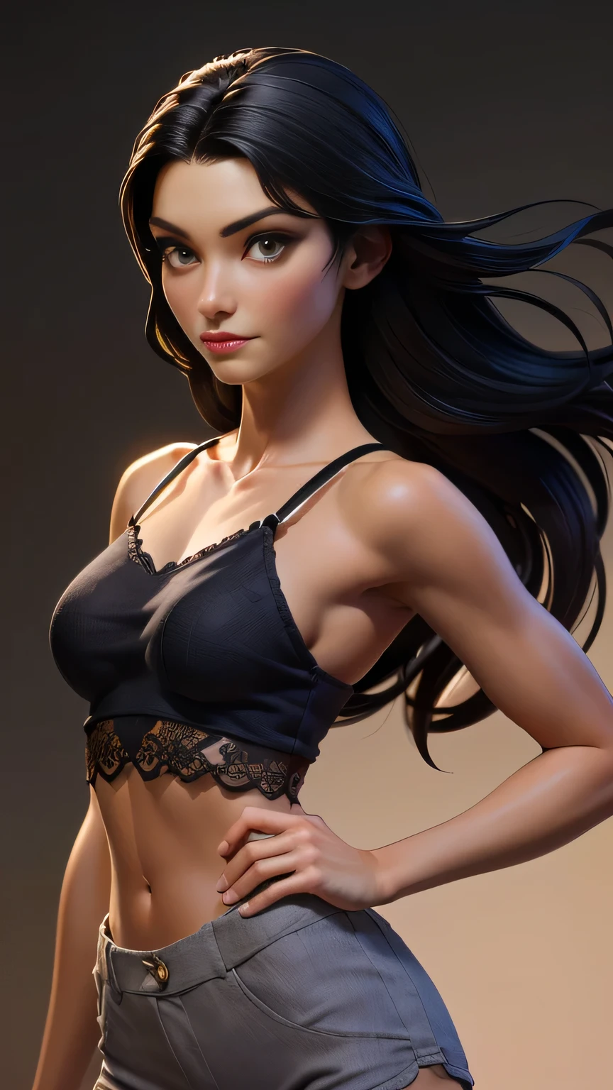 RAW digital art, ultra-realistic 3D render of a stunning woman resembling Native American Woman, Pocahontas, Close-Up portrait, ((young woman)), ((highly detailed face:1.3)), ((perfectly portioned body, perfect female figure:1.3)), ((skinny, slim waist, narrow hips:1.3)), ((seductive gaze)), ((flawless skin texture, long eyelashes, expressive eyes with subtle reflections, makeup)), ((perfect breasts, medium breasts:1.4)), ((smooth yet detailed hair strands, long dark as night hair, shiny hair: 1.2)), soft shadows and cinematic studio lighting, Pixar-inspired style blending vibrant colors with realistic details, ((wearing a black lace bralette top, high-waisted linen shorts darkened from underarm sweat, small crossbody bag: 1.35)) plane background, blue skies, Leaning slightly to one side, playful tilt of the head, sexy pose, background softly blurred with warm tones, (8K resolution, intricate textures, sharp focus)