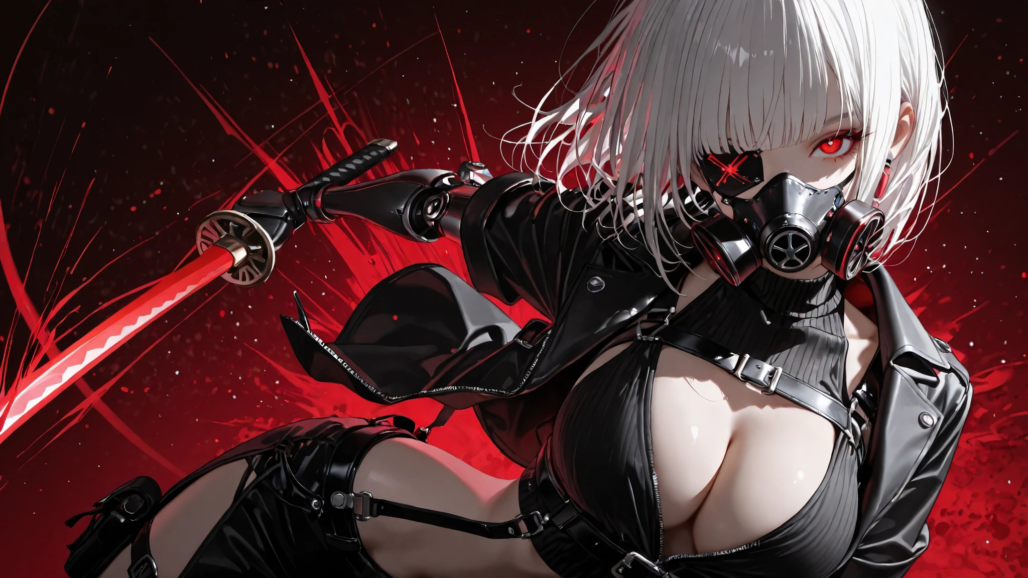 kafka02_illu, usnr, maorix, MASTERPIECE, BEST QUALITY, AMAZING QUALITY,
HIGHRES, ABSURDRES, HIGH RESOLUTION,
INTRICATE DETAILS, ULTRA DETAILED, PERFECT DETAILS,
VERY AESTHETIC, AI-ASSISTED,
(john kafka:1.3), void 0, redum4, diyokama, ( rei \(sanbonzakura\):1.1 ), ask \(askzy\), (fajyobore:0.8), fkey, putama, (eonsang:0.3), ciloranko, healthyman, gebijiade_89, mx2j, (eonsang:0.5), (monaim:0.8), (zurikishi:0.6), (ratatatat74:0.4),
(1girl, solo:1.4), red eyes, breasts, (eyepatch:1.2), white hair, short hair, collarbone, blunt bangs, mask, short sleeves, shirt, looking at viewer, katana, red background, holding katana, black shirt, sheathed, respirator, oxygen mask, skull mask, (mechanical eye, artificial eye, lens eye), glowing eye, eye trail, light particles, prosthetic arm, single mechanical arm, large breasts, sleeveless turtleneck, sleeveless, turtleneck, crop top, jacket, chest strap, Suspenders Underbust Belt, thigh cutout, revealing clothes, sideless outfit, clothing cutout, unzipped, torn clothes, midriff, upper body, cleavage focus, cleavage,
Abstract background, artistic and avant-garde background, dynamic angle, (dynamic pose:1.4),
anime flying slash, glowing slash trail, crescent moon blade, energy arc, manga action lines,
MASTERPIECE, BEST QUALITY, AMAZING QUALITY,
HIGHRES, ABSURDRES, HIGH RESOLUTION,
INTRICATE DETAILS, ULTRA DETAILED, PERFECT DETAILS,
VERY AESTHETIC, AI-ASSISTED,