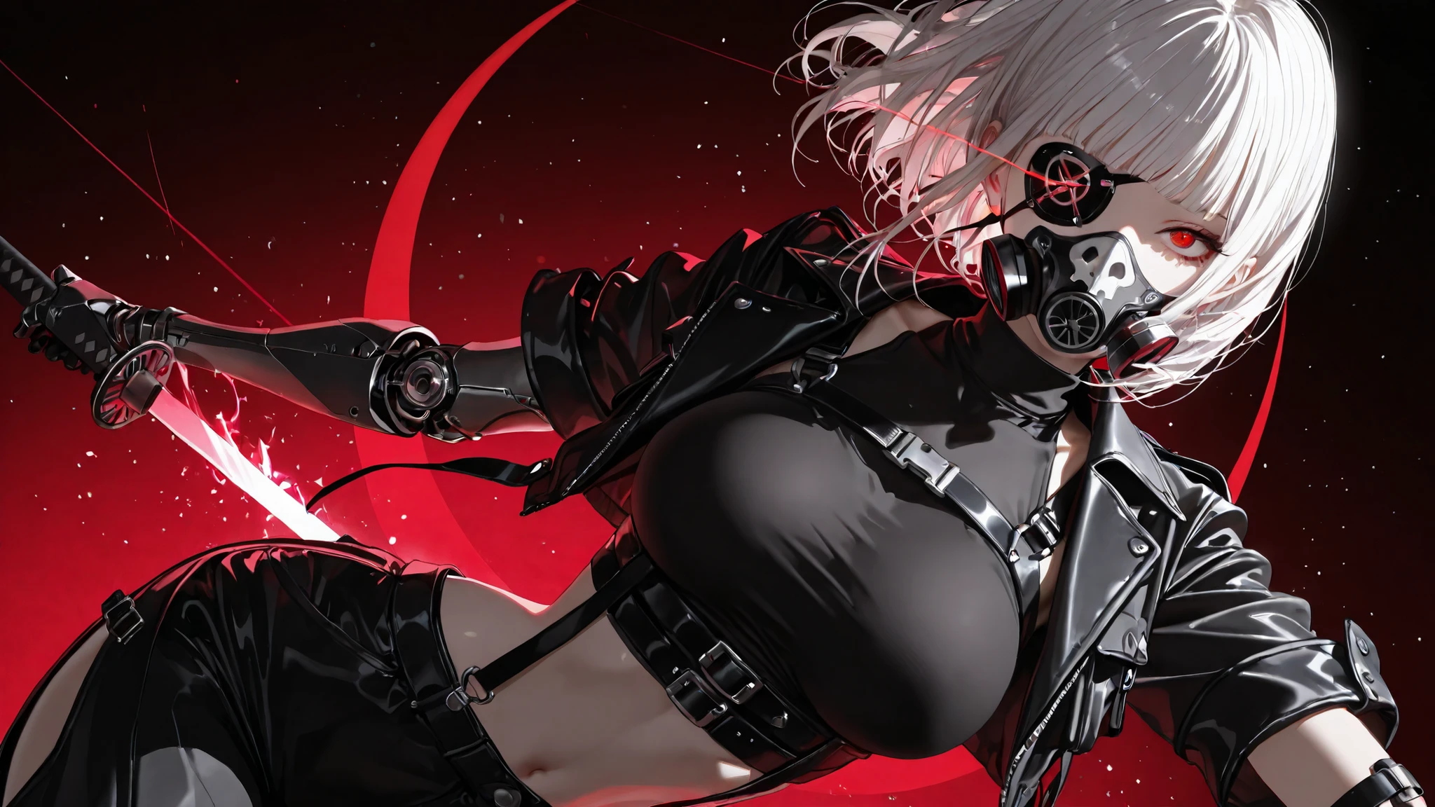 kafka02_illu, usnr, maorix, MASTERPIECE, BEST QUALITY, AMAZING QUALITY,
HIGHRES, ABSURDRES, HIGH RESOLUTION,
INTRICATE DETAILS, ULTRA DETAILED, PERFECT DETAILS,
VERY AESTHETIC, AI-ASSISTED,
(john kafka:1.3), void 0, redum4, diyokama, ( rei \(sanbonzakura\):1.1 ), ask \(askzy\), (fajyobore:0.8), fkey, putama, (eonsang:0.3), ciloranko, healthyman, gebijiade_89, mx2j, (eonsang:0.5), (monaim:0.8), (zurikishi:0.6), (ratatatat74:0.4),
(1girl, solo:1.4), red eyes, breasts, (eyepatch:1.2), white hair, short hair, collarbone, blunt bangs, mask, short sleeves, shirt, looking at viewer, katana, red background, holding katana, black shirt, sheathed, respirator, oxygen mask, skull mask, (mechanical eye, artificial eye, lens eye), glowing eye, eye trail, light particles, prosthetic arm, single mechanical arm, large breasts, sleeveless turtleneck, sleeveless, turtleneck, crop top, jacket, chest strap, Suspenders Underbust Belt, thigh cutout, revealing clothes, sideless outfit, clothing cutout, unzipped, torn clothes, midriff, upper body,
Abstract background, artistic and avant-garde background, dynamic angle, (dynamic pose:1.4),
anime flying slash, glowing slash trail, crescent moon blade, energy arc, manga action lines,
MASTERPIECE, BEST QUALITY, AMAZING QUALITY,
HIGHRES, ABSURDRES, HIGH RESOLUTION,
INTRICATE DETAILS, ULTRA DETAILED, PERFECT DETAILS,
VERY AESTHETIC, AI-ASSISTED,