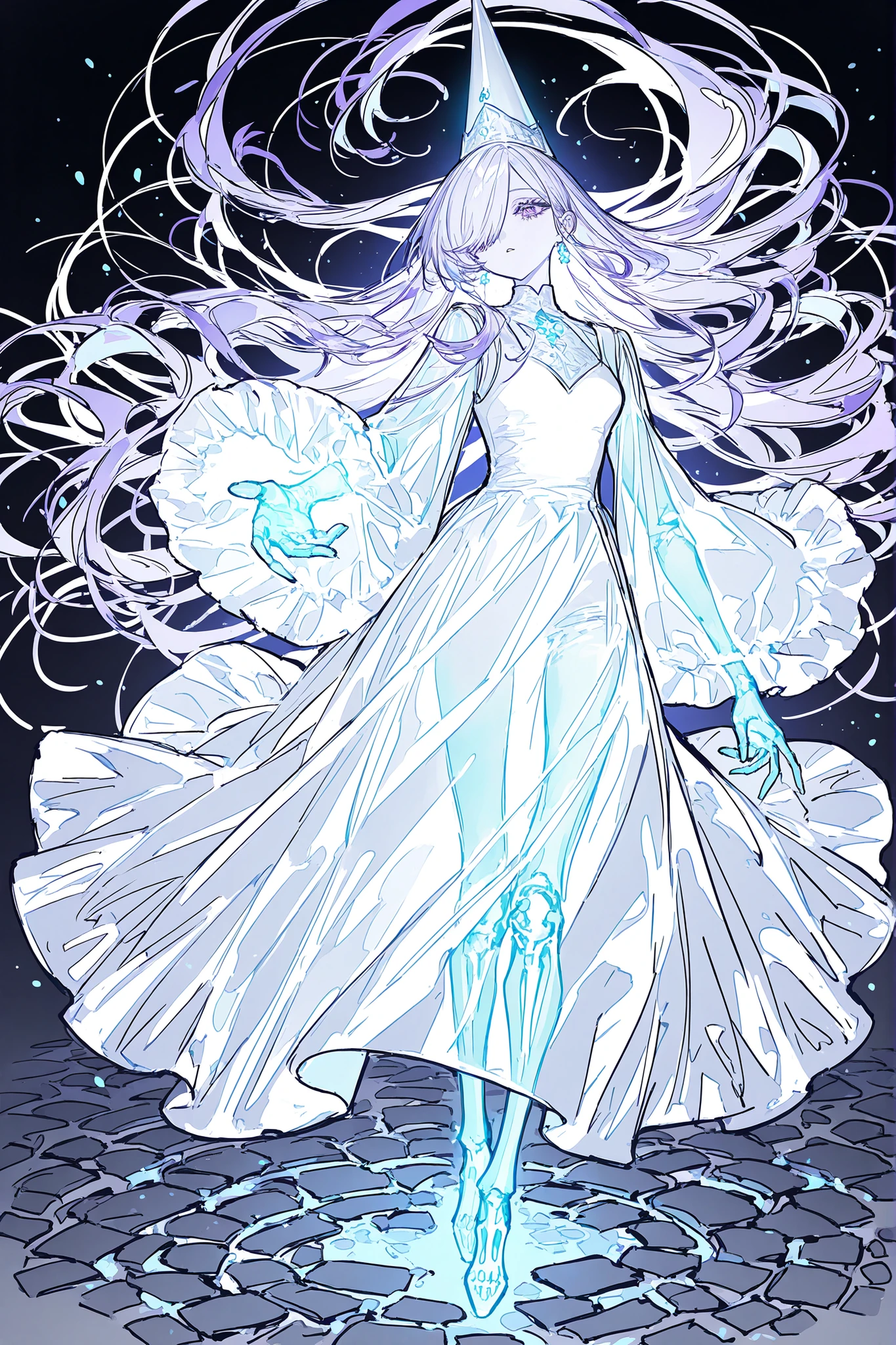 (source_anime,ma1ma1helmes_b_illu,sketch,glowing,) The ghostly medival princes is a ghost.(She has a transparent skin, the silhouette of her skeletal bones can be see through.) She has a mature physique. She has ghostly pale skin and bruises under her eyes. She has tired big black-purple eyes with long eyelashes and leaking mascara. She has black very long hair with purple highlights, she has a careless long ghostly hairstyle with long hair over one eye. She has a black manicure. She is wearing a black medieval long-sleeved dress,and silver wimple. She wearing a tasseled black silver cone hat of princess. (In the background: is a room with an authentic interior of abandoned medieval castle made of cobblestone. Abandoned medival kingdom.)
