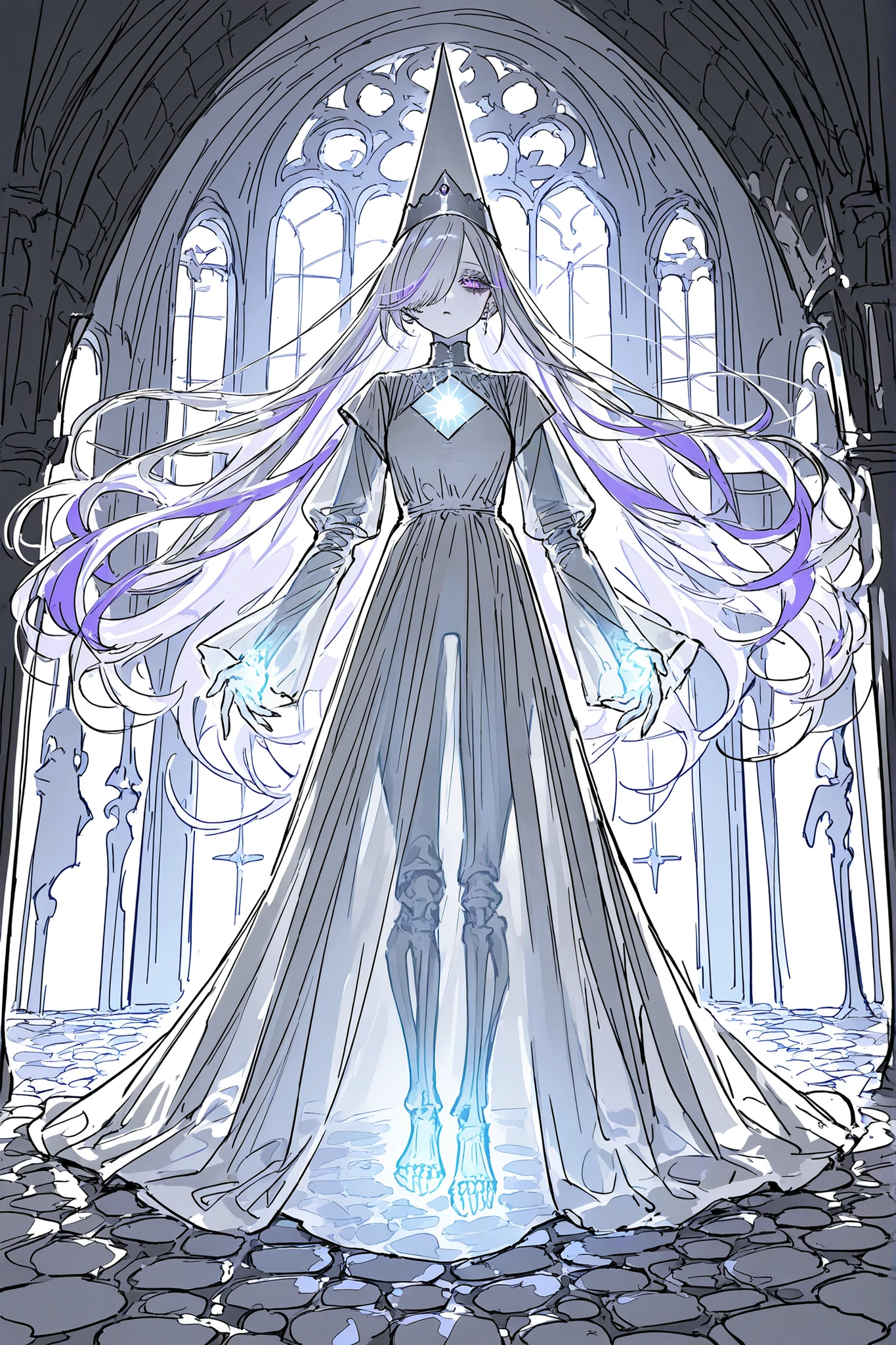  (source_anime,ma1ma1helmes_b_illu,sketch,glowing,) The ghostly medival princes is a ghost.(She has a transparent skin, the silhouette of her skeletal bones can be see through.) She has a mature physique. She has ghostly pale skin and bruises under her eyes. She has tired big black-purple eyes with long eyelashes and leaking mascara. She has black very long hair with purple highlights, she has a careless long ghostly hairstyle with long hair over one eye. She has a black manicure. She is wearing a black medieval long-sleeved dress,and silver wimple. She wearing a tasseled black silver cone hat of princess. (In the background: is a room with an authentic interior of abandoned medieval castle made of cobblestone. Abandoned medival kingdom.)