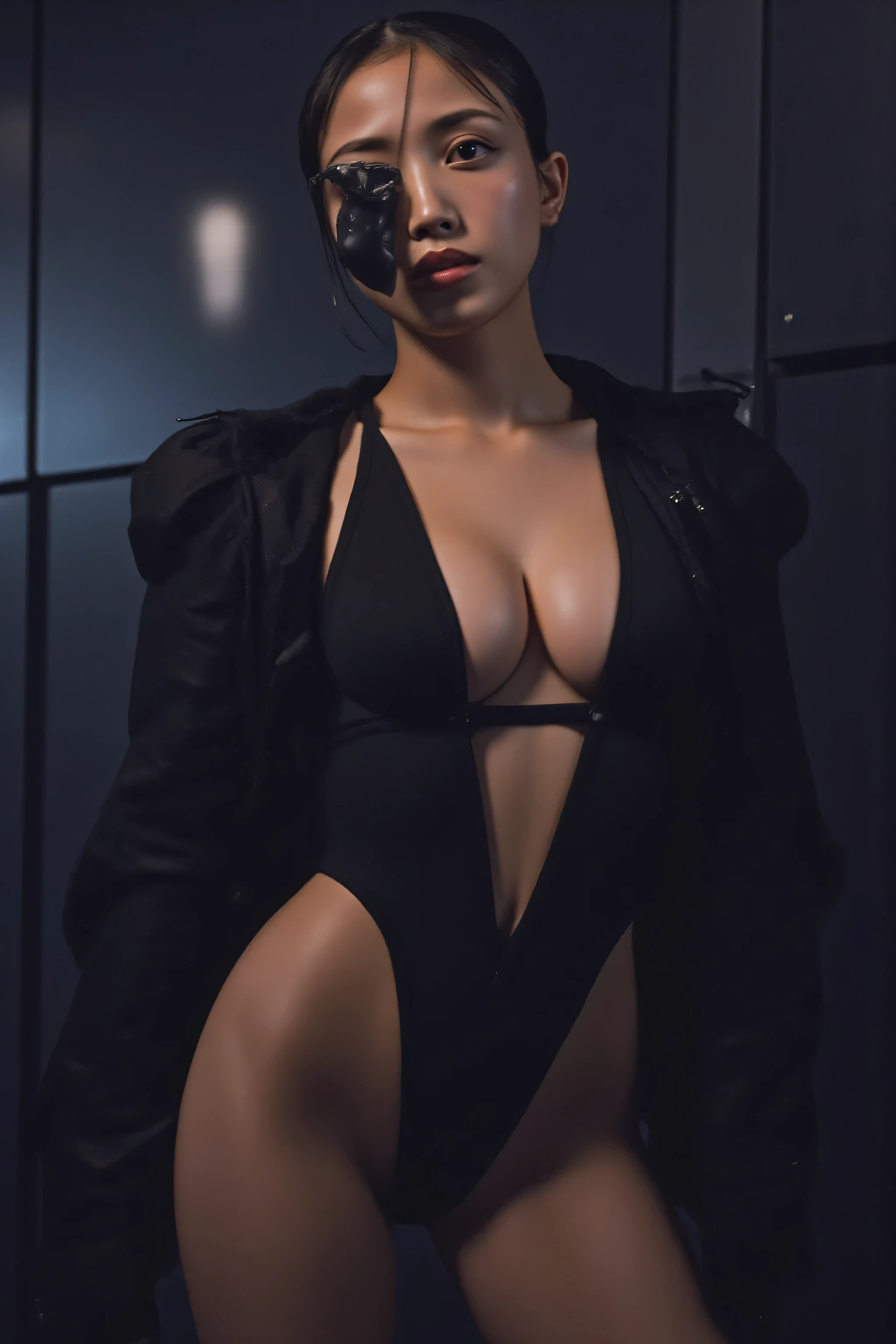 (((The pitch-dark interior of the Nostromo ship:2.0))),(((HR Gigger Style Cyberpunk Atmosphere:2.0))),(((Holds a Colt Government-style laser gun:2.0))),((pointing the muzzle at the viewer:2.0)),A woman,(cute faces getting creampied:1.5),(Beautiful well-balanced face :1.7),((long hair:2.0)),(dark haired:1.5),(beautiful eyes:1.3),Glamorous Shots of 20-Year-Old Japanese Women,Beautiful Slender Body,((model body type:2.0)),((slim body:1.7)),perfect body line,Ideal Proportions,((BIG BREASTS:2.0)),((F cup chest:1.5)),big boobs,Bare thighs,sensual thighs,delicate body,(muscular:1.7),a harmonious posture,((Realistic breast depiction :1.7)),((carefully depicts limbs based on perfect anatomy:2.0)),(((Super high-leg leotard with black armor-style dildos:2.0))),((super high leg leotard with wide open chest:2.0)),((((Black Military Jacket with Open Front:2.0))),((Tactical Holster:2.0)),(Gloves:1.3),Concept Art,(Highest Quality:1.5),(masterpiece:1.5),(超高Resolution),Resolution,UHD,(Delicate Description),carefully drawn,32k,((realistic skin texture:1.5)),(((super realistic:1.5))),carefully drawn eyelashes,highly detailed face,highly detailed female hands, Sexy appearance ,very sensual,(Blurry, dim background:1.5),professional photography,(Movie Lights:2.0),((Blade Runner Style Lighting:2.0))